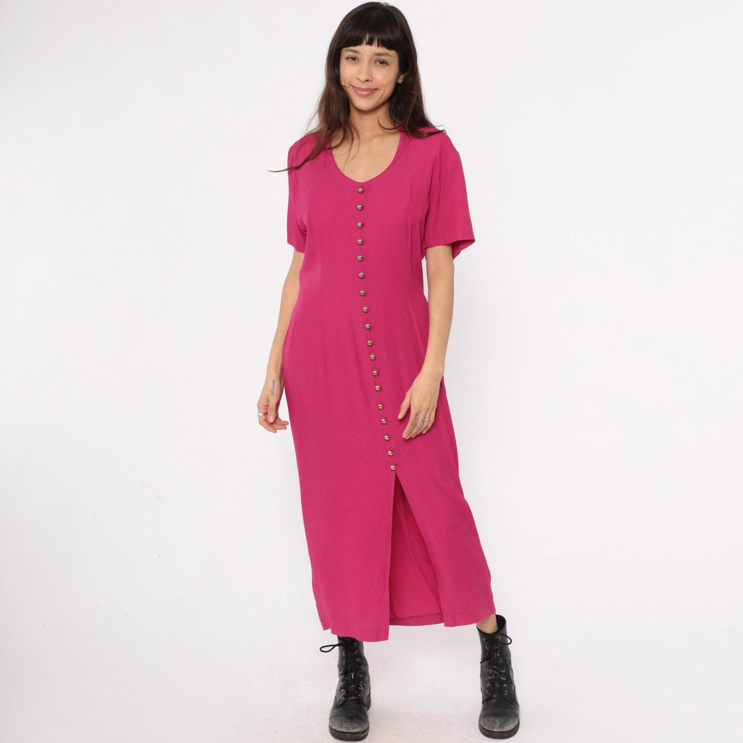 90s Nina Piccalino Hot Pink Maxi Dress V-Neck Button Front Large L
