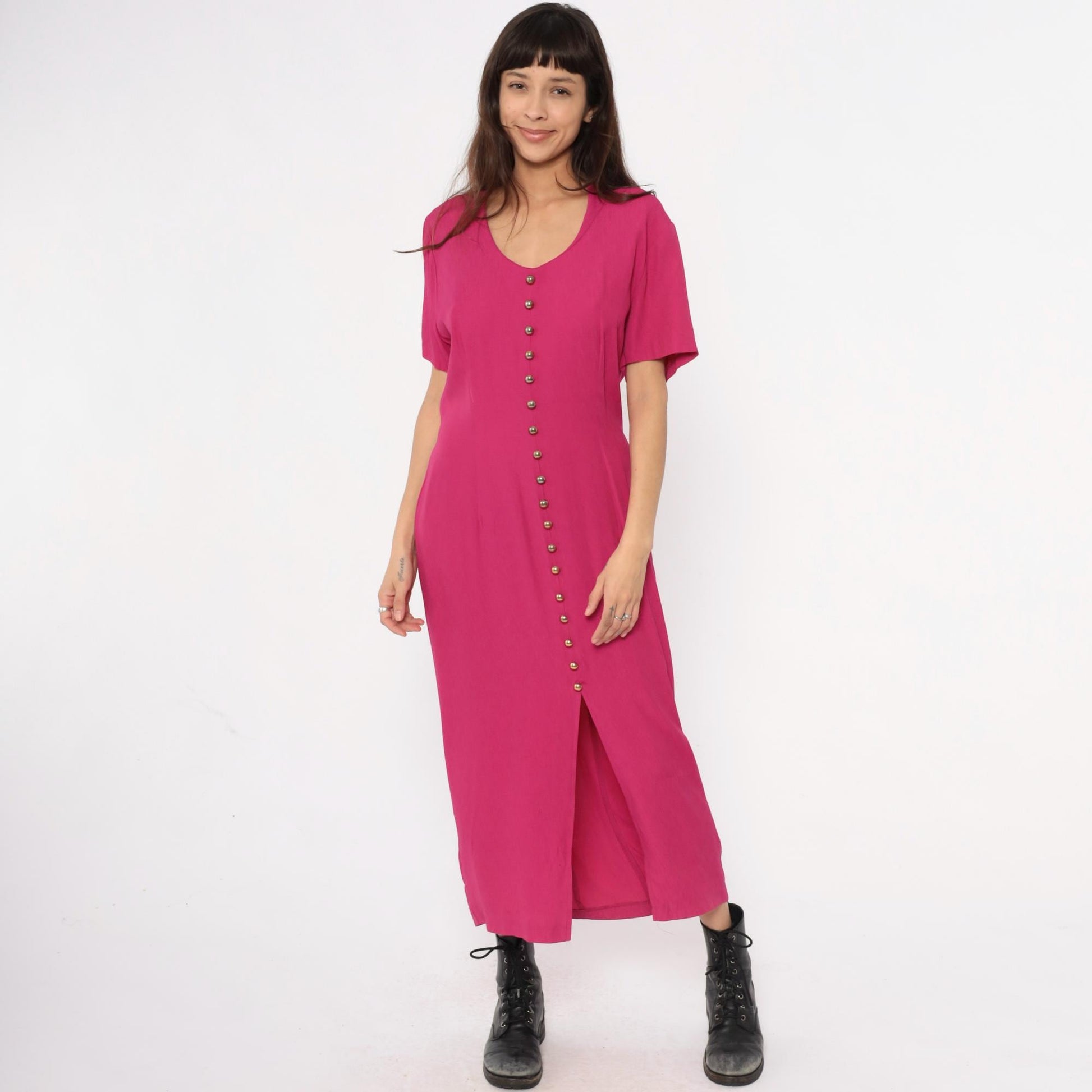 90s Nina Piccalino Hot Pink Maxi Dress V-Neck Button Front Large L