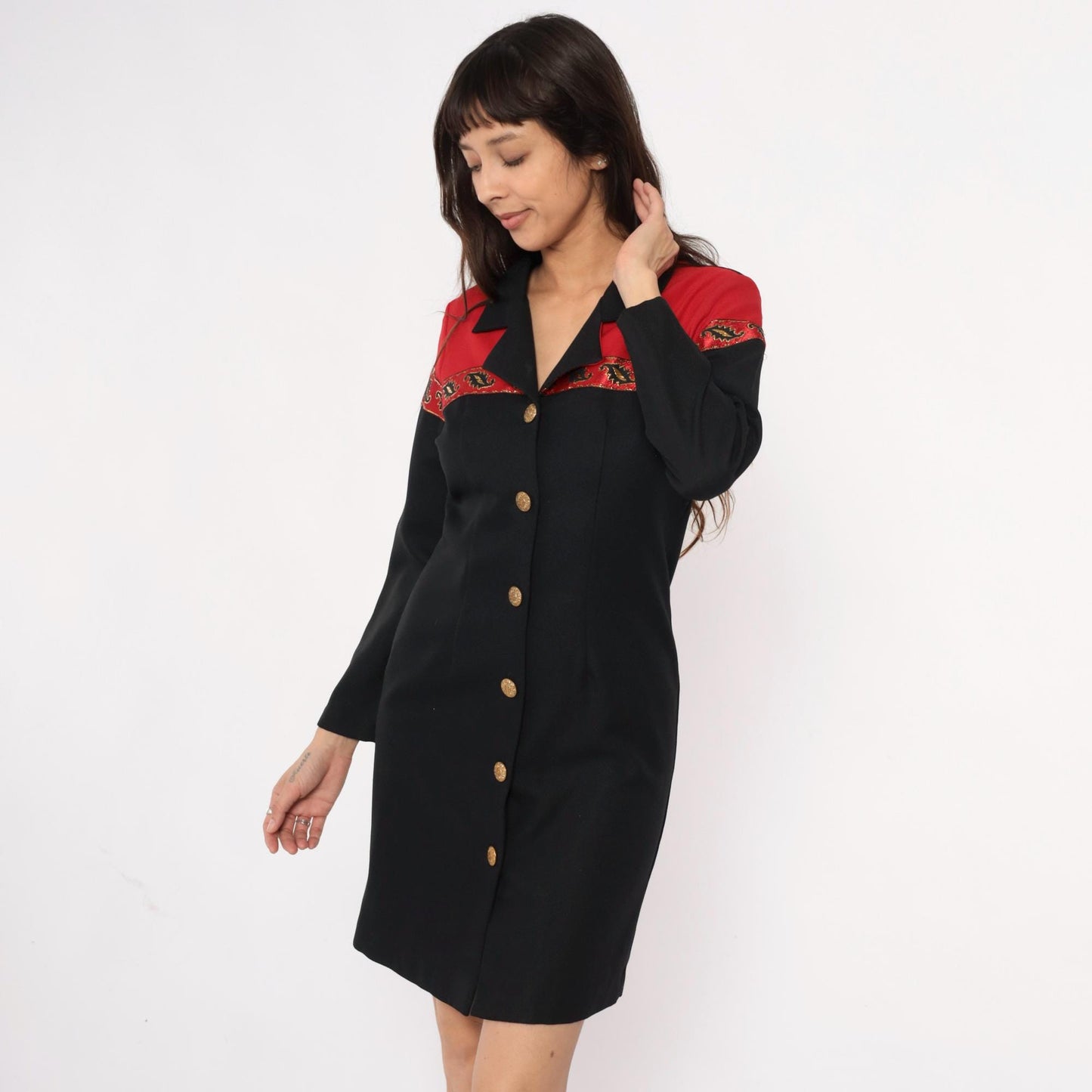 90s Willow Ridge Western Dress Black Red Color Block Gold Embroidered Small