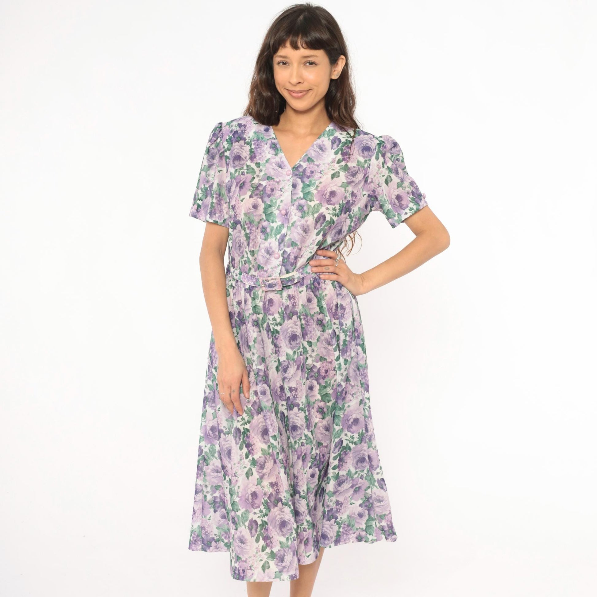 80s Anthony Richards Floral Midi Dress Purple Lavender Rose Puff Sleeve Large L