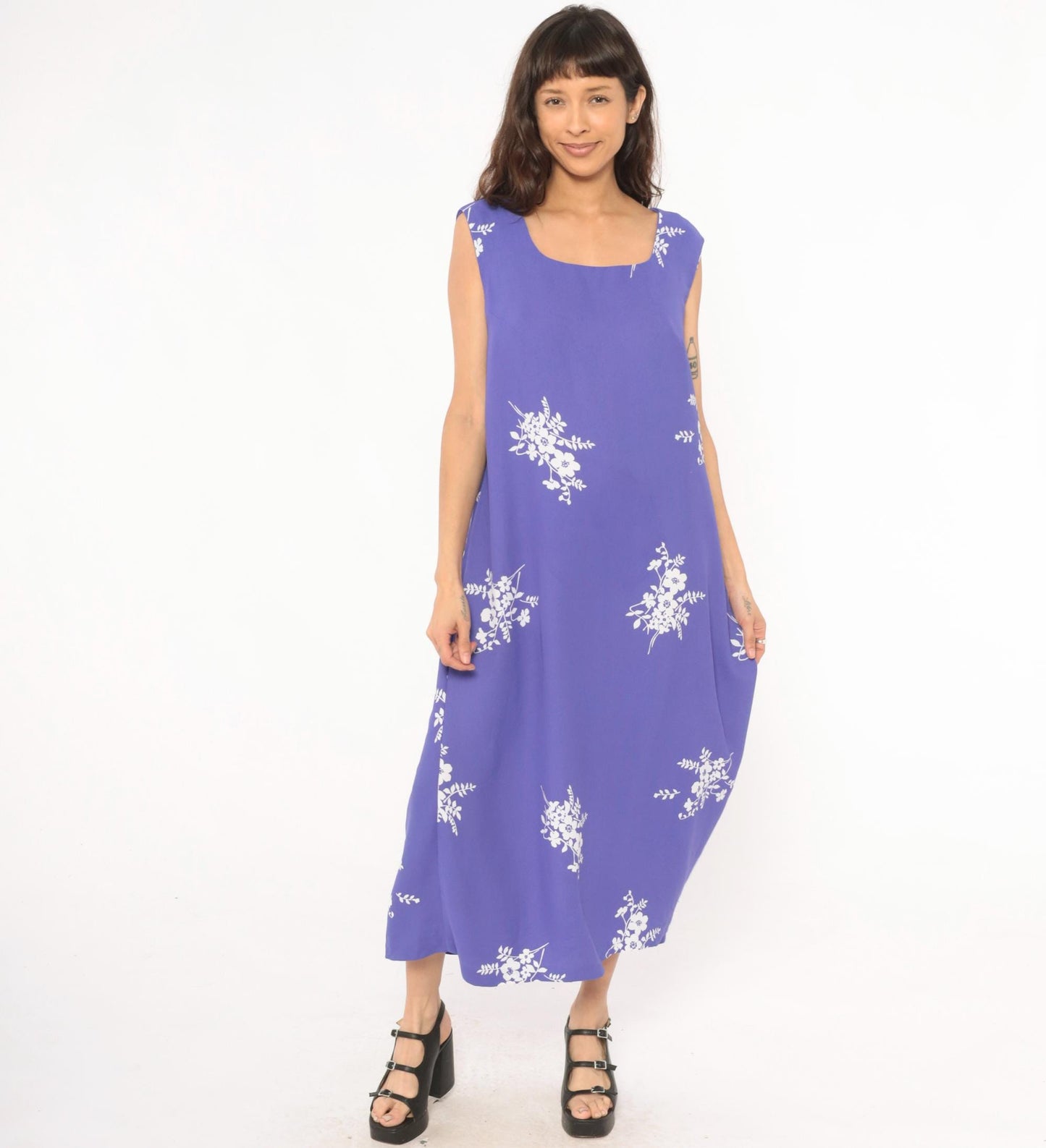 90s Periwinkle Floral Maxi Dress Sleeveless White Embroidered A-Line Extra Large XXL