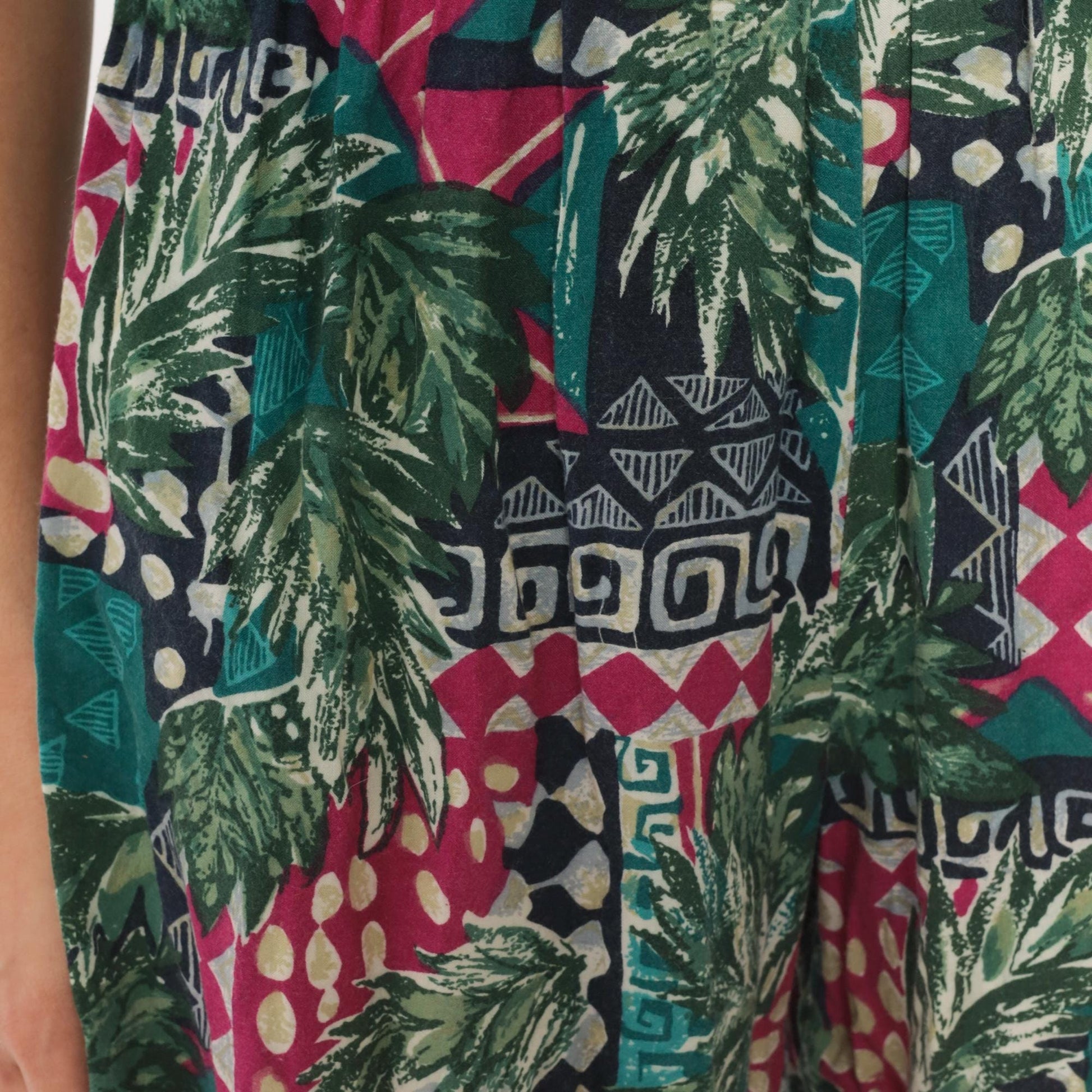 80s C.A. Sport Tropical Romper Green Magenta Leaf Print Button Front Small