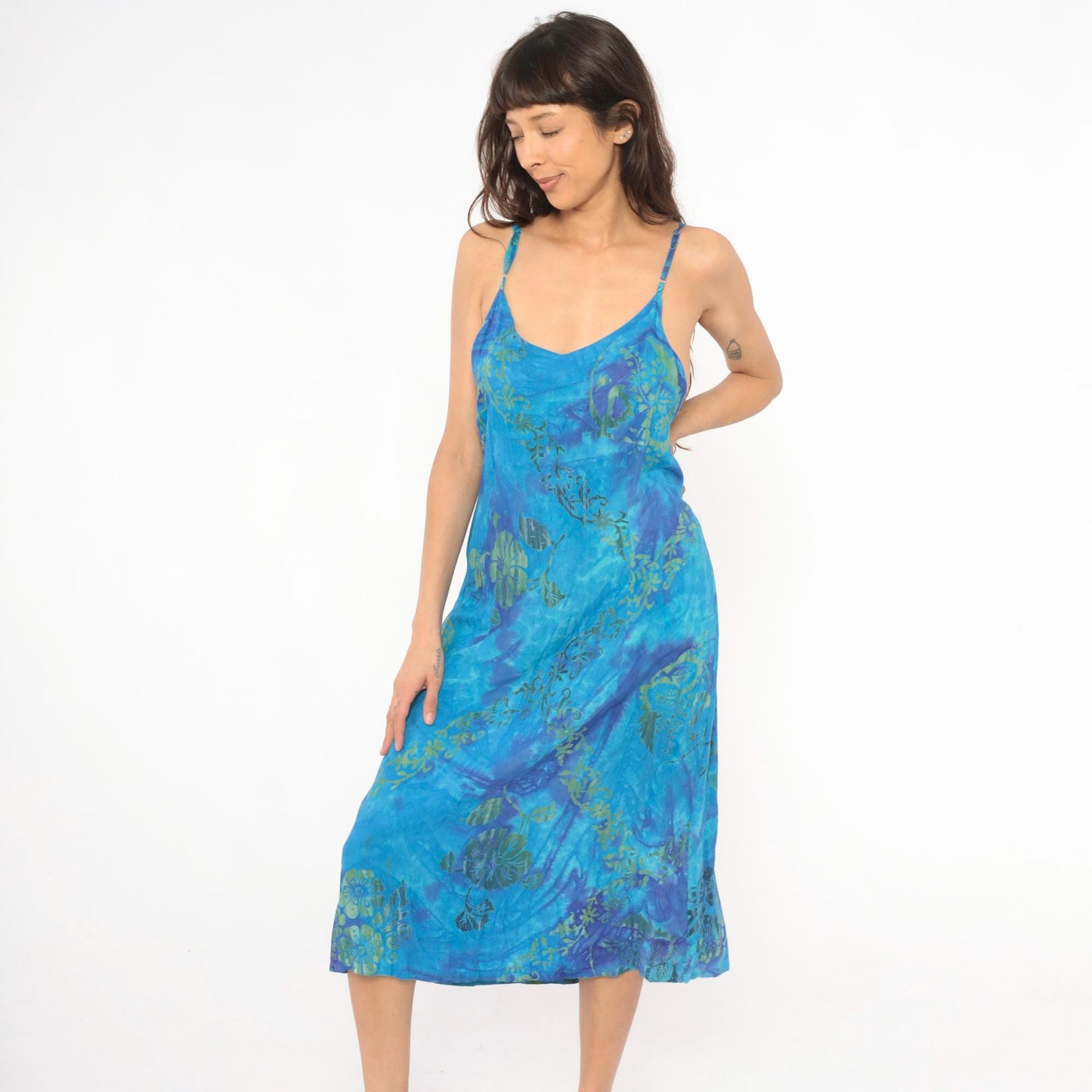 2000s Hand Kreation Tie Dye Slip Dress Blue Purple Hibiscus Floral Large L