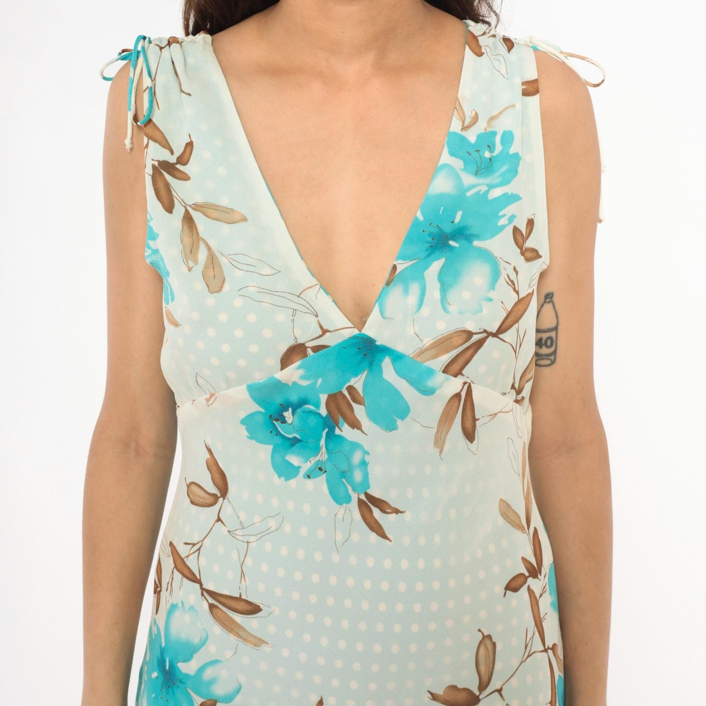 Y2K Reversible Floral Polka Dot Chiffon Dress Turquoise Cream V Neck Tie Shoulder Midi Medium M