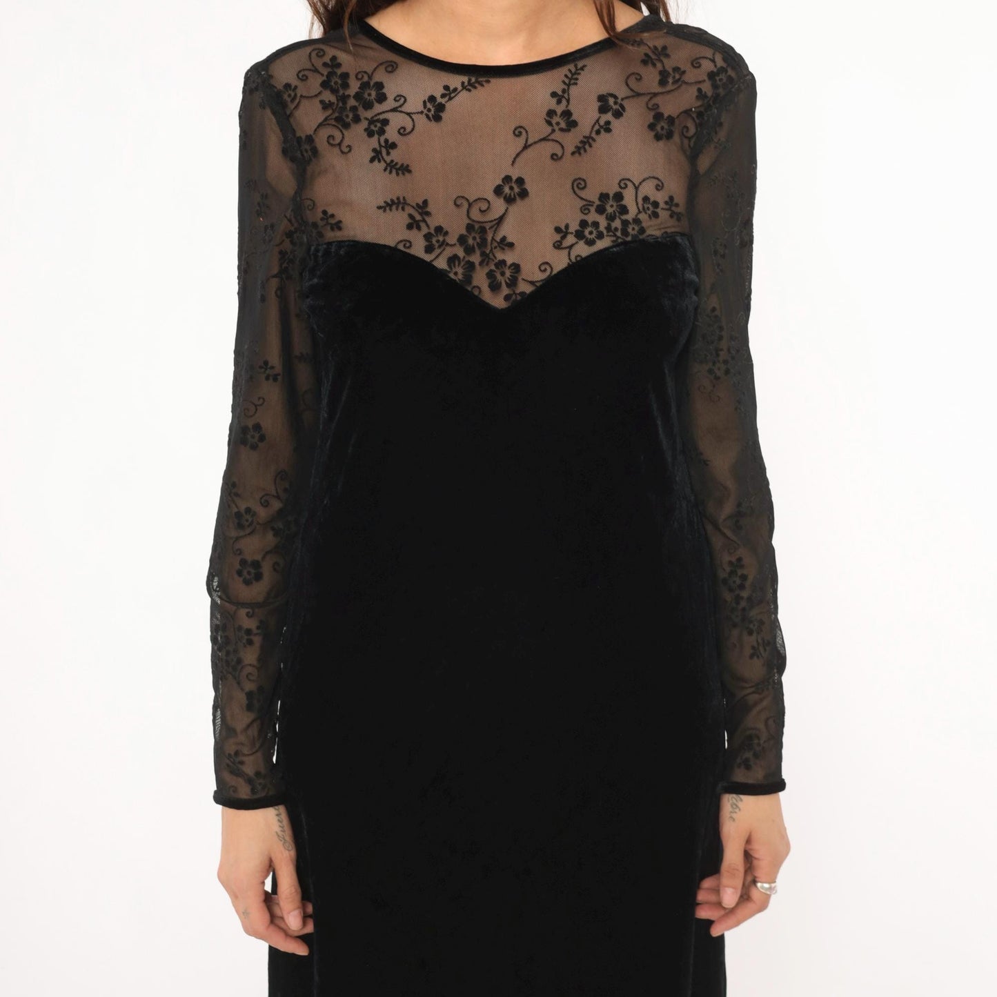 90s Kathie Lee Black Velvet Maxi Dress Embroidered Mesh Sweetheart V Back Small