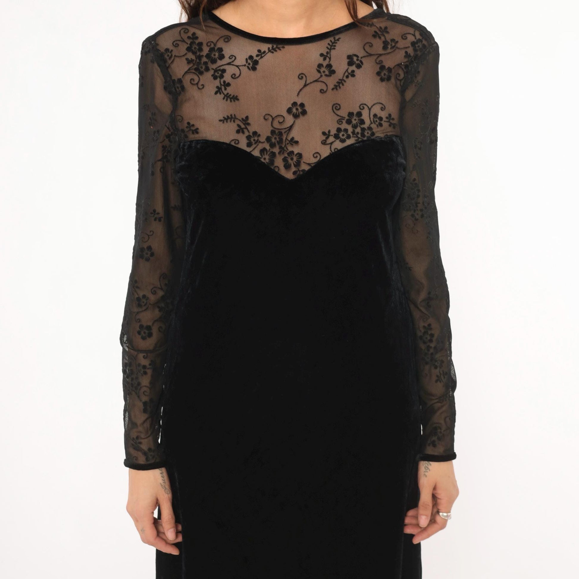 90s Kathie Lee Black Velvet Maxi Dress Embroidered Mesh Sweetheart V Back Small