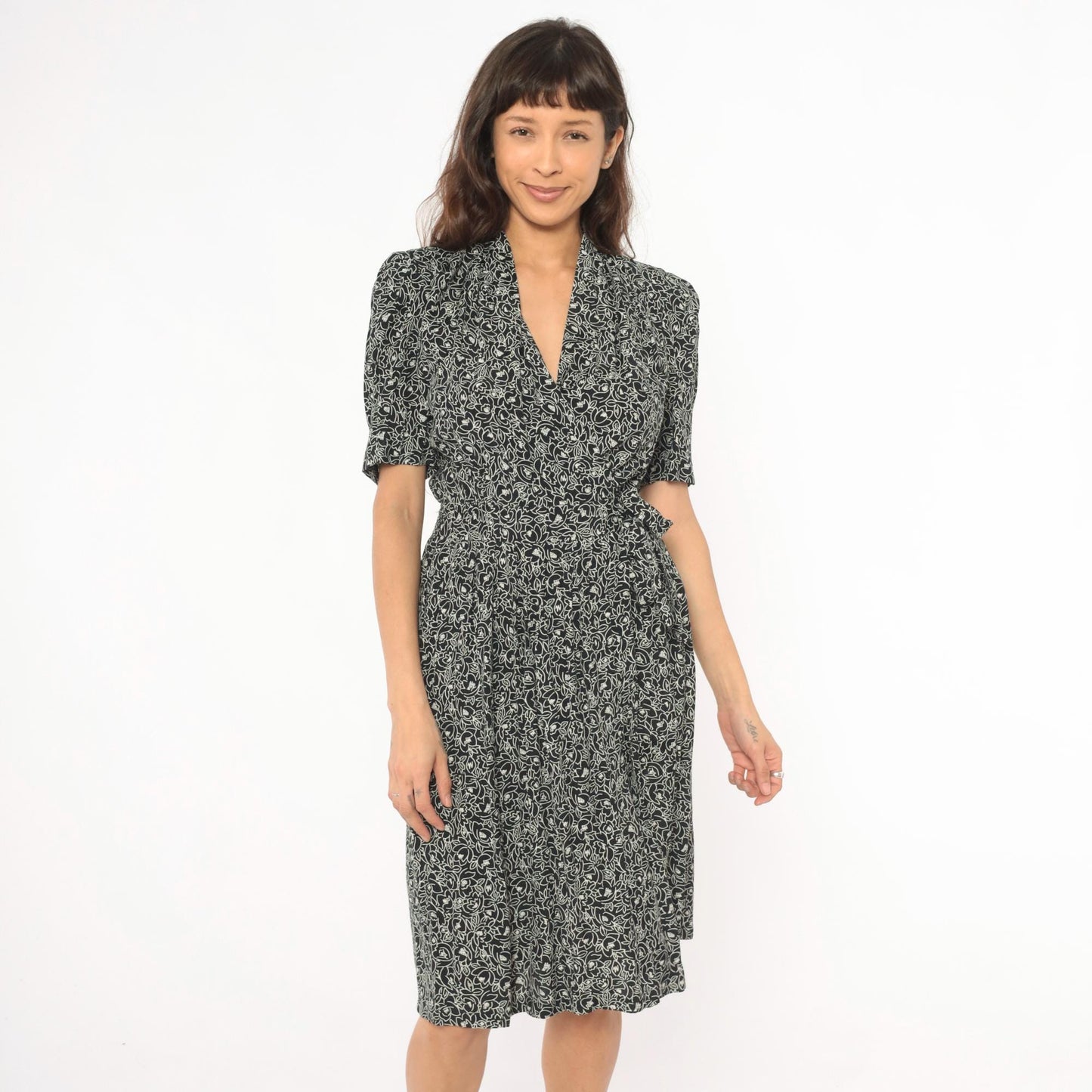 90s Karin Stevens Floral Wrap Dress Black Cream Puff Sleeve Small