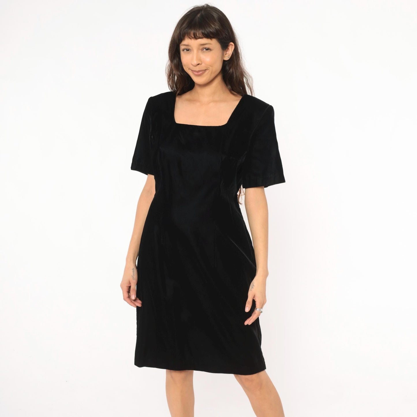 90s My Michelle Black Velvet Dress Square Neck Short Sleeve Knee Length Large L
