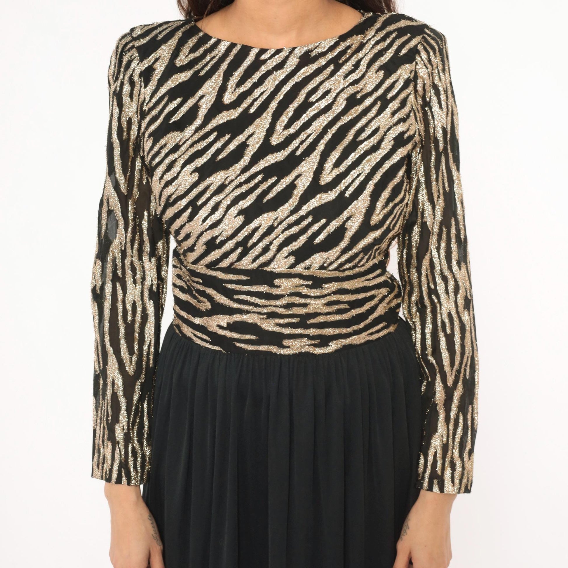80s Ursula of Switzerland Gold Zebra Stripe Midi Dress Black Long Sleeve Medium M