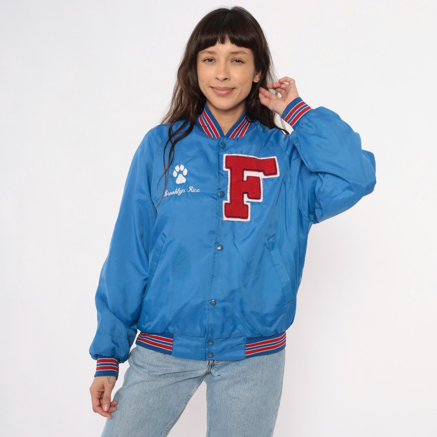 90s Franklin Varsity Jacket Blue Nylon Bomber Snap Front Small S