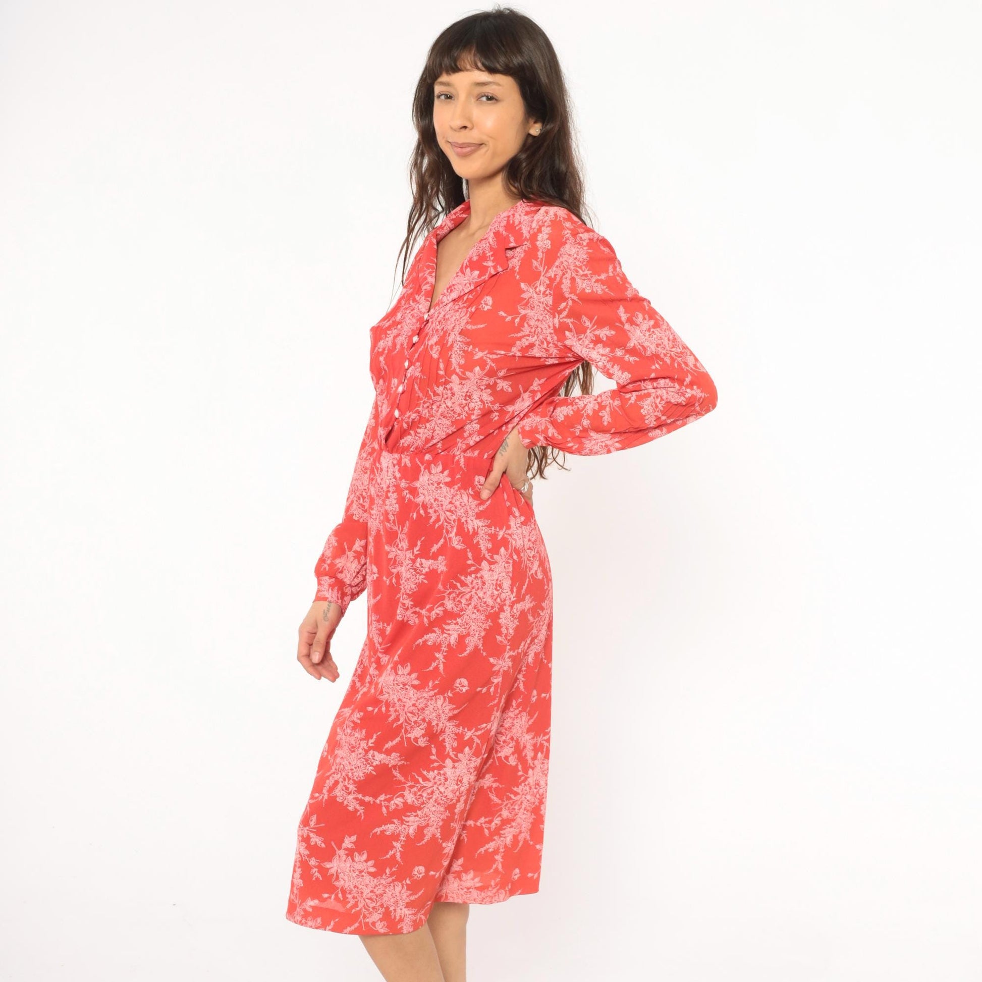 70s H Coral Floral Shirtdress Button Front Bishop Sleeves Midi Medium M