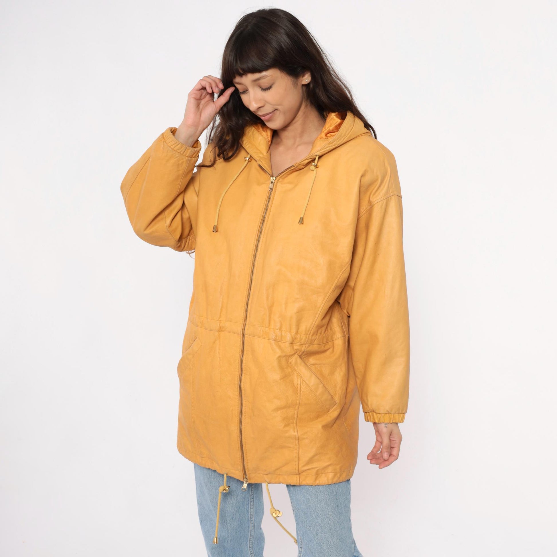 90s Wilsons Leather Hooded Jacket Mustard Yellow Zip Parka Medium M