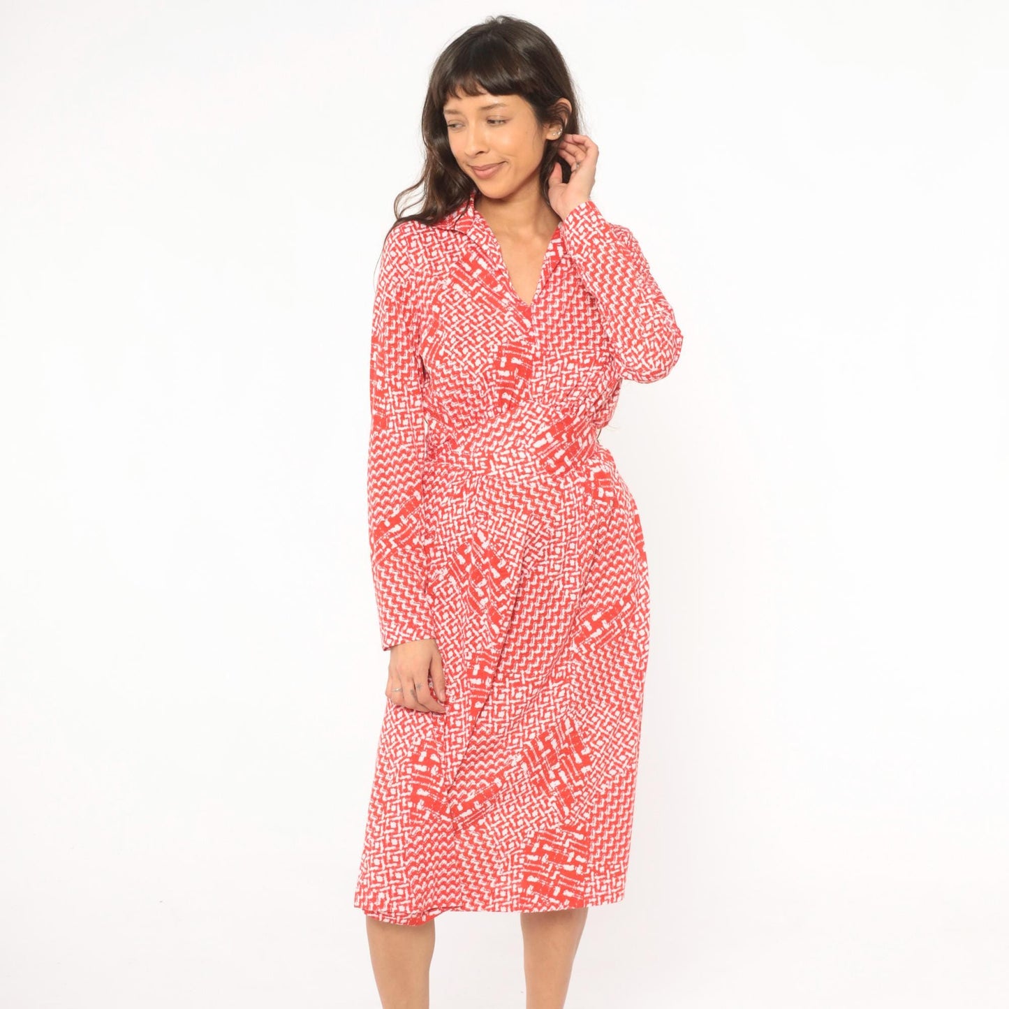 80s Tall Shop Red White Geometric Wrap Dress Knee Length Large L