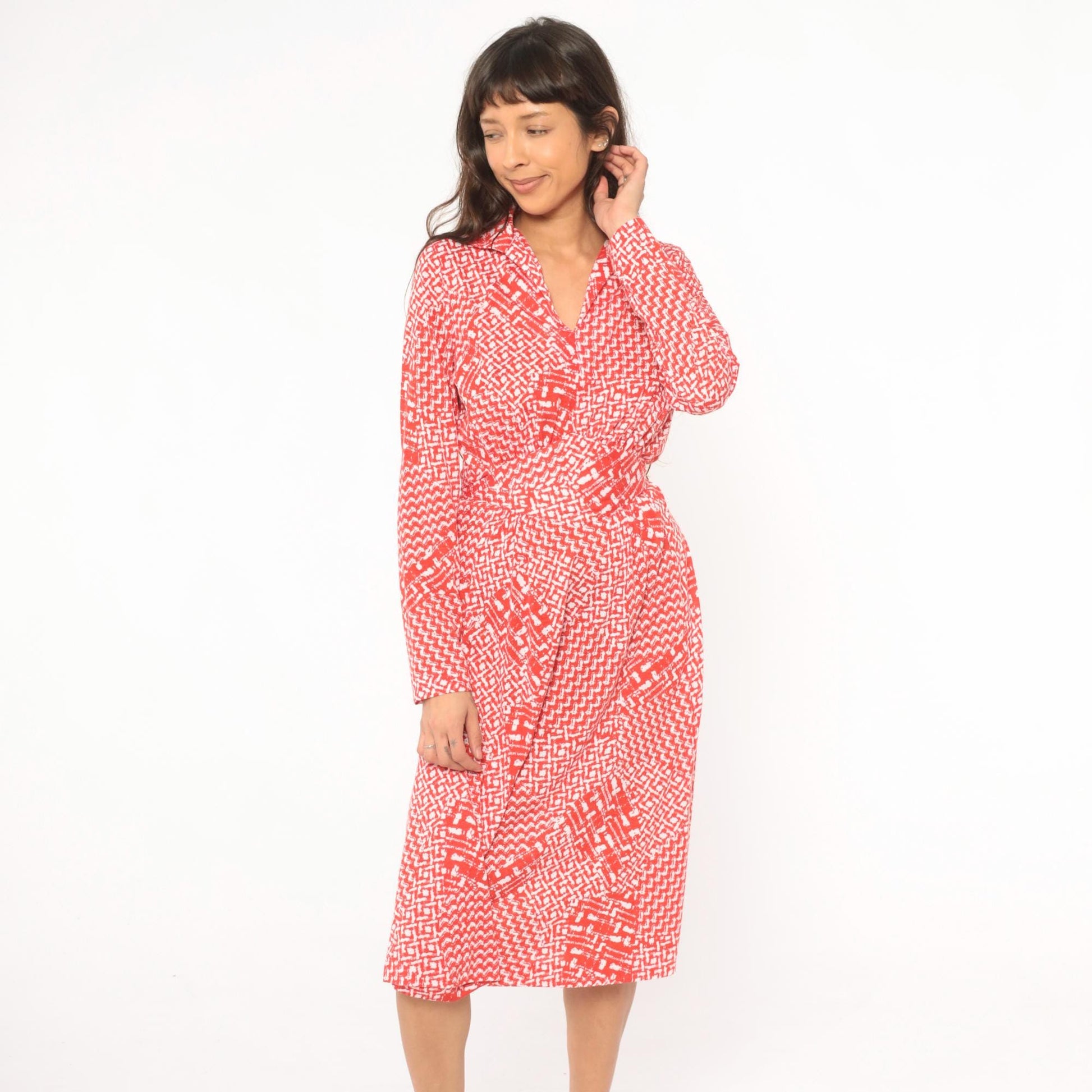 80s Tall Shop Red White Geometric Wrap Dress Knee Length Large L