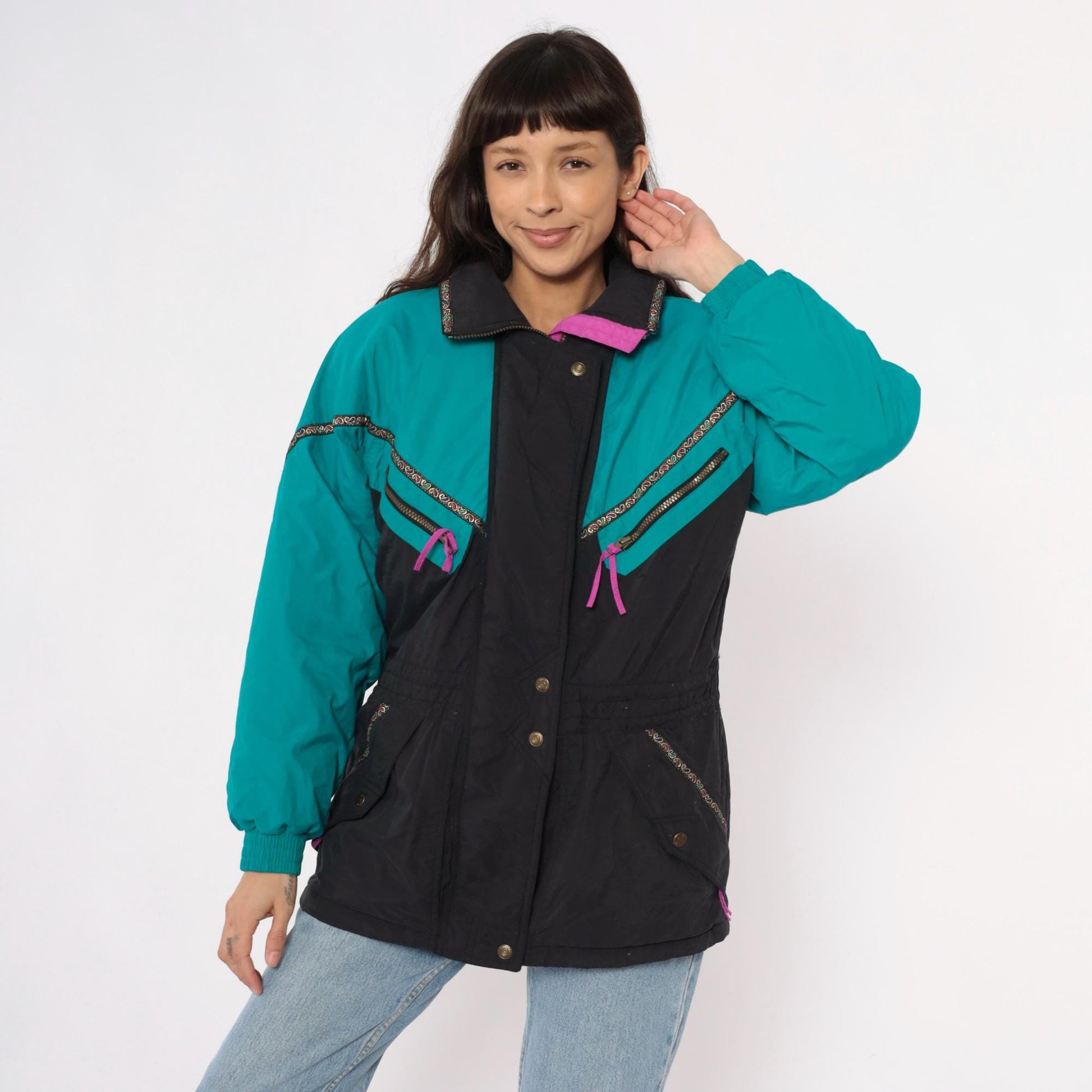 90s Colorblock Ski Jacket Teal Black Puffer Pink Zippers Small S