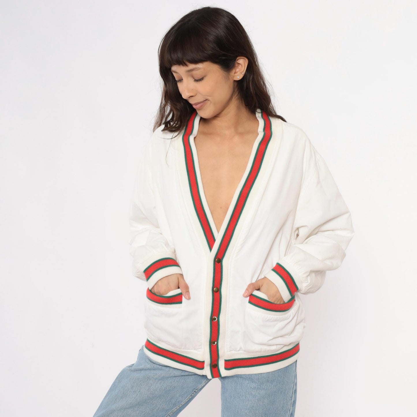 80s Cream Cardigan Red Green Striped Ribbed Trim Cotton Preppy Medium