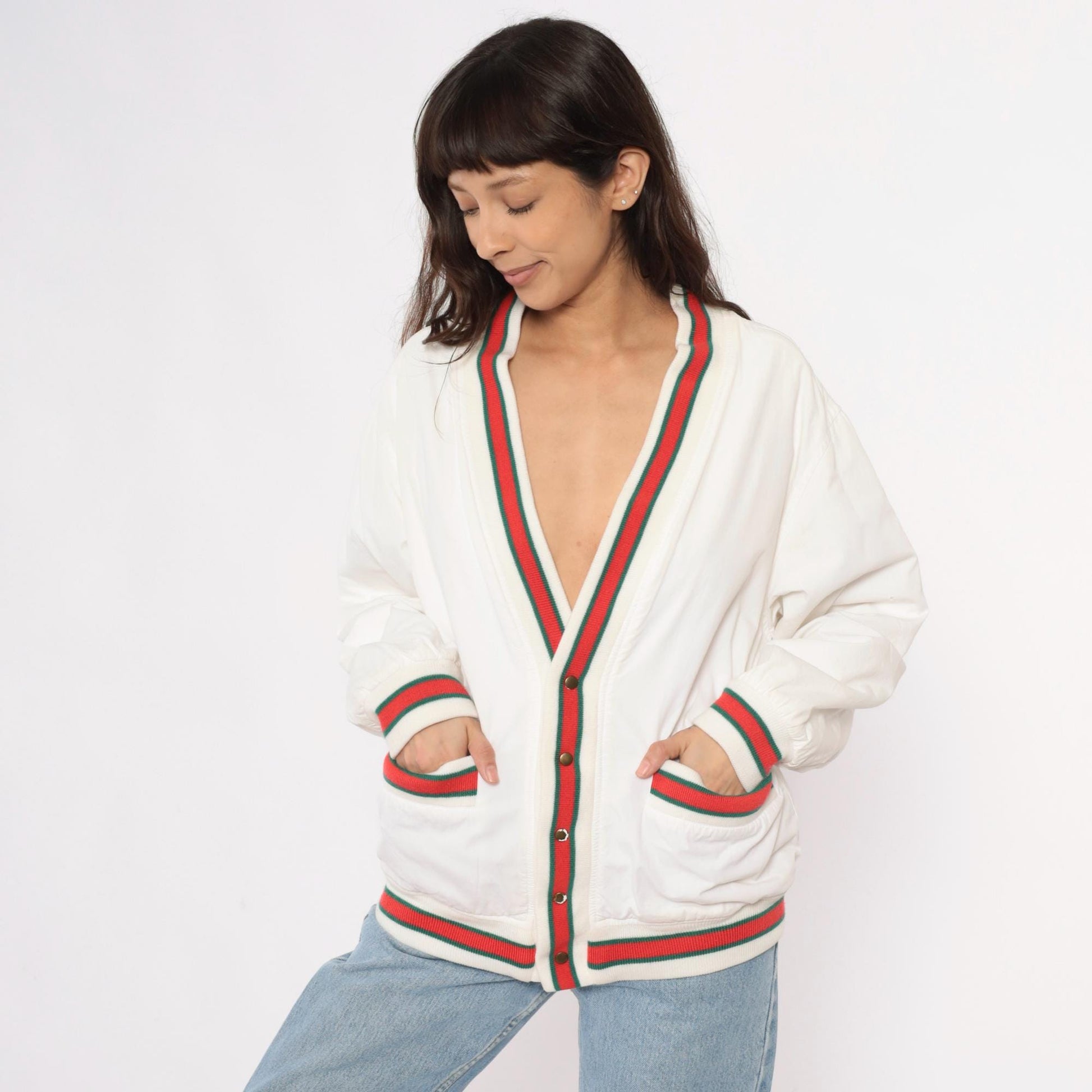 80s Cream Cardigan Red Green Striped Ribbed Trim Cotton Preppy Medium