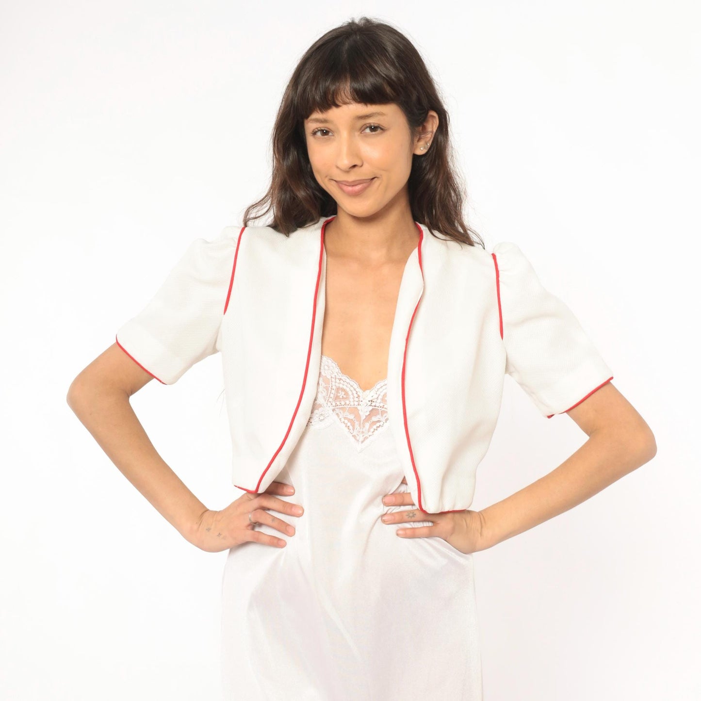 70s Nancy Stevens White Bolero Jacket Red Piping Puff Sleeve Cropped Extra Small