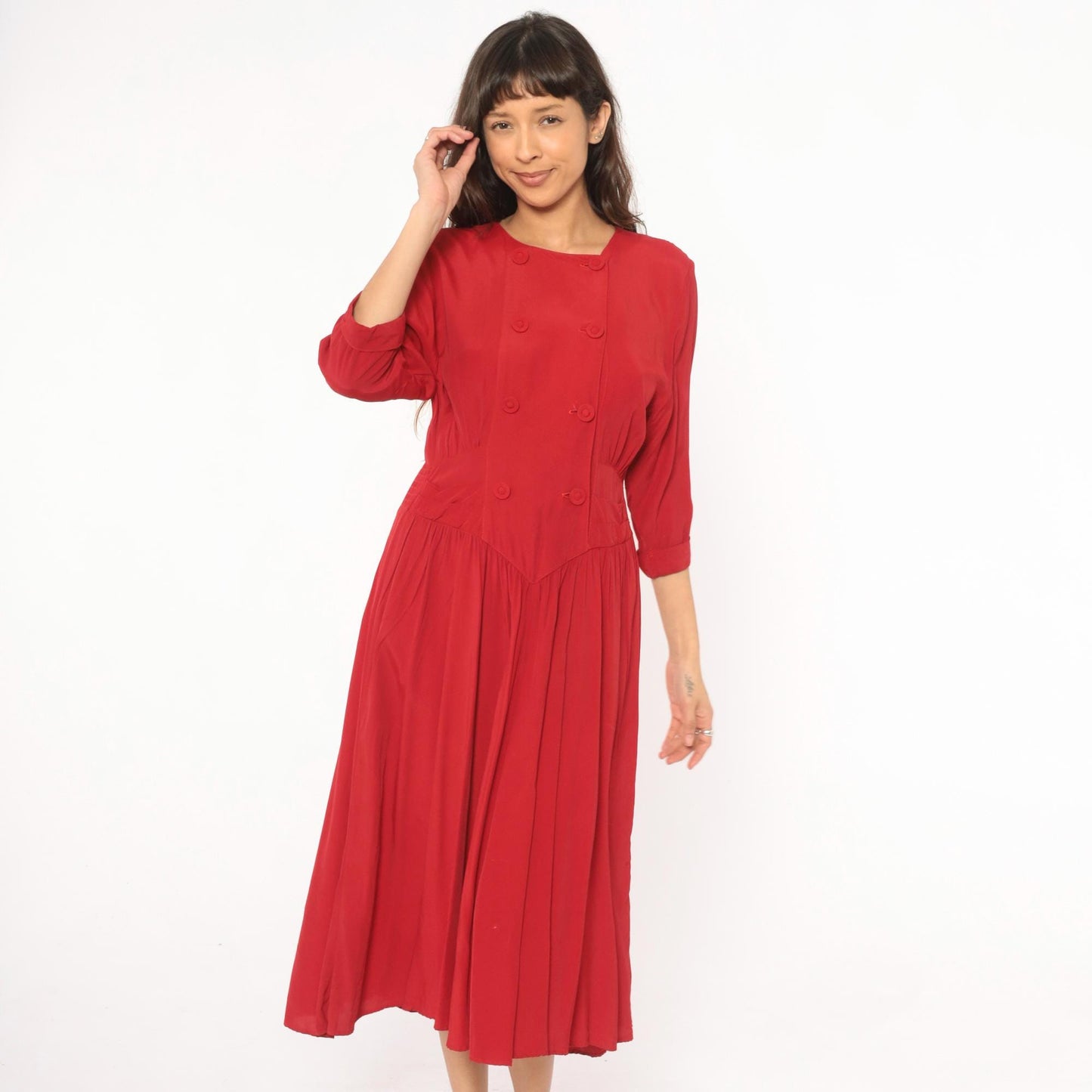 80s Piccolino Petites Crimson Double Breasted Midi Dress Round Neck Small Medium