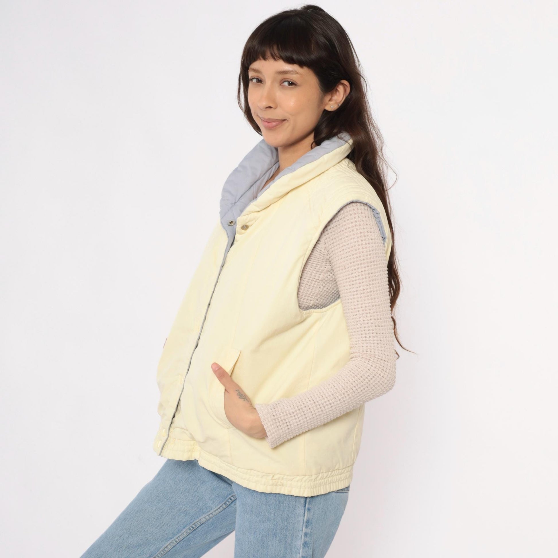 80s Reversible Quilted Vest Yellow Grey Puffer Sleeveless Medium