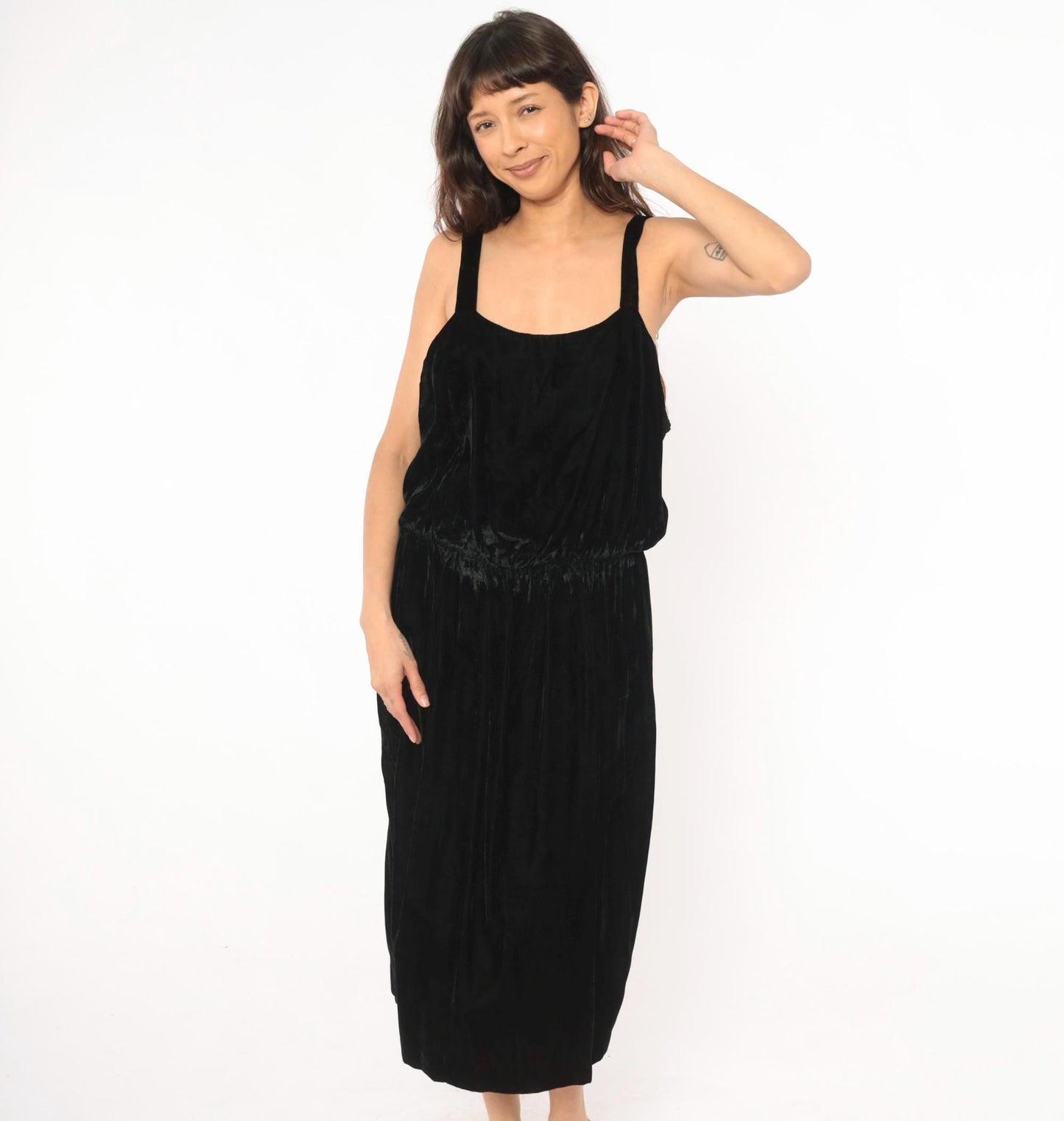 80s Black Velvet Sleeveless Dress Gathered Waist Scoop Neck Midi Large L