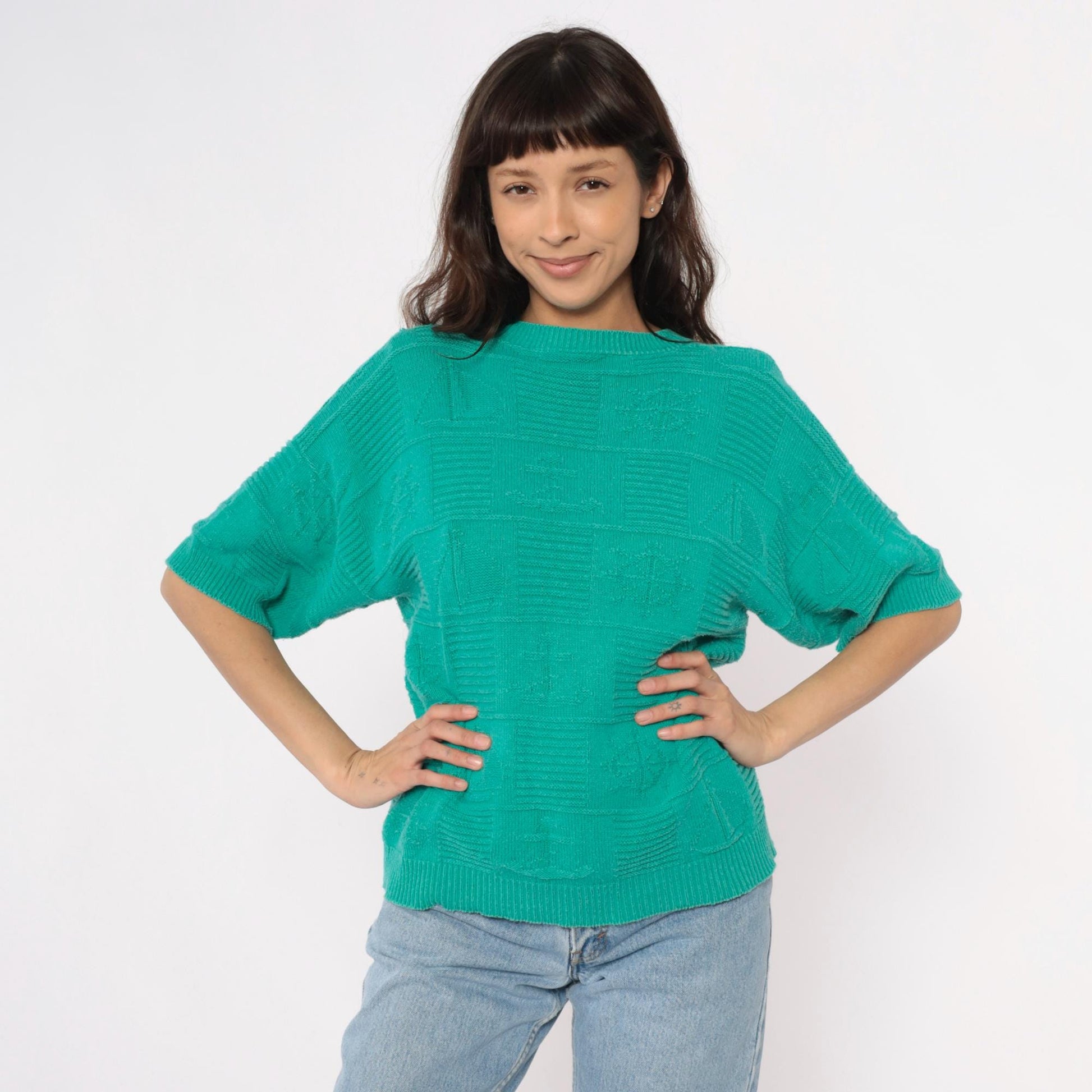 80s Turquoise Knit Sweater Short Sleeve Crew Neck Geometric Pattern Large L