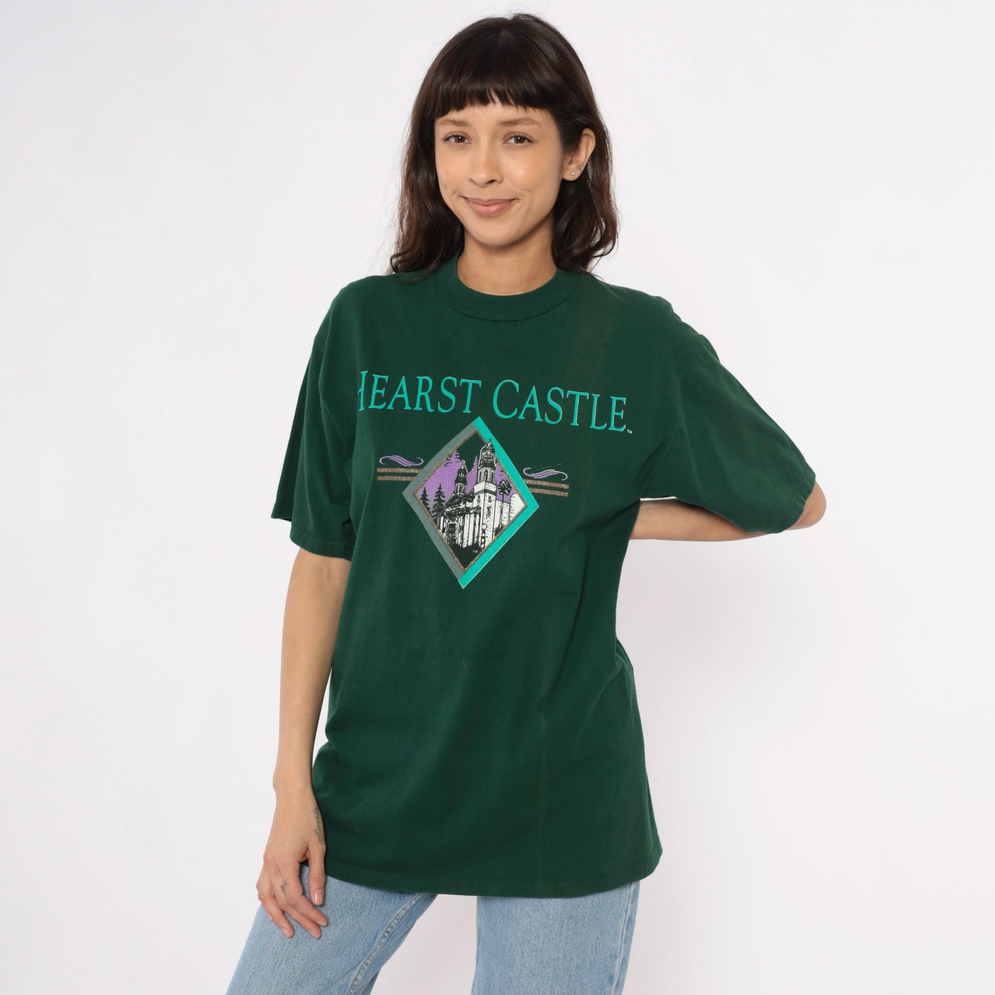 90s Hearst Castle California Tourist Tee Forest Green Cotton Graphic Large L
