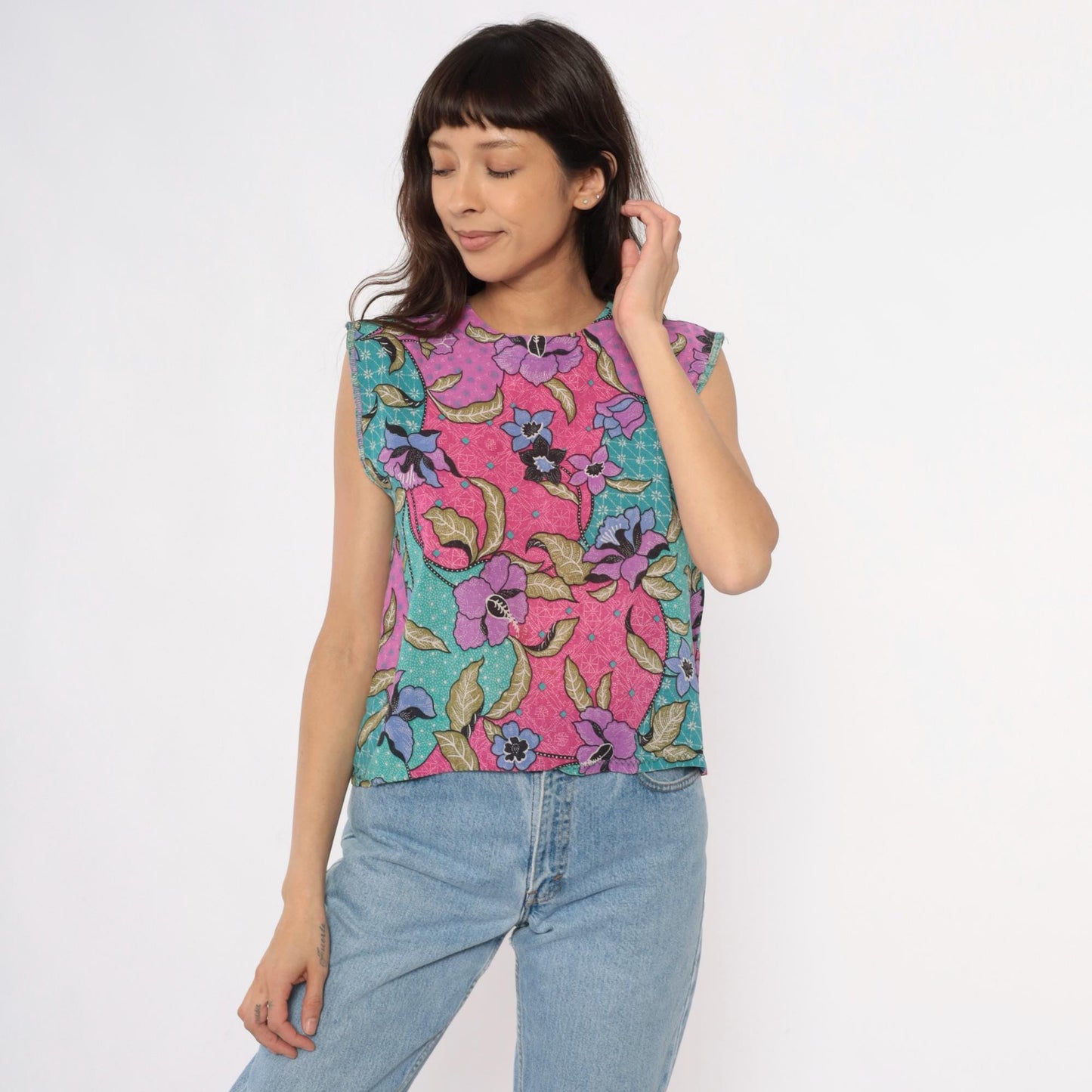 90s Floral Patchwork Tank Top Pink Purple Teal Sleeveless Shell Small