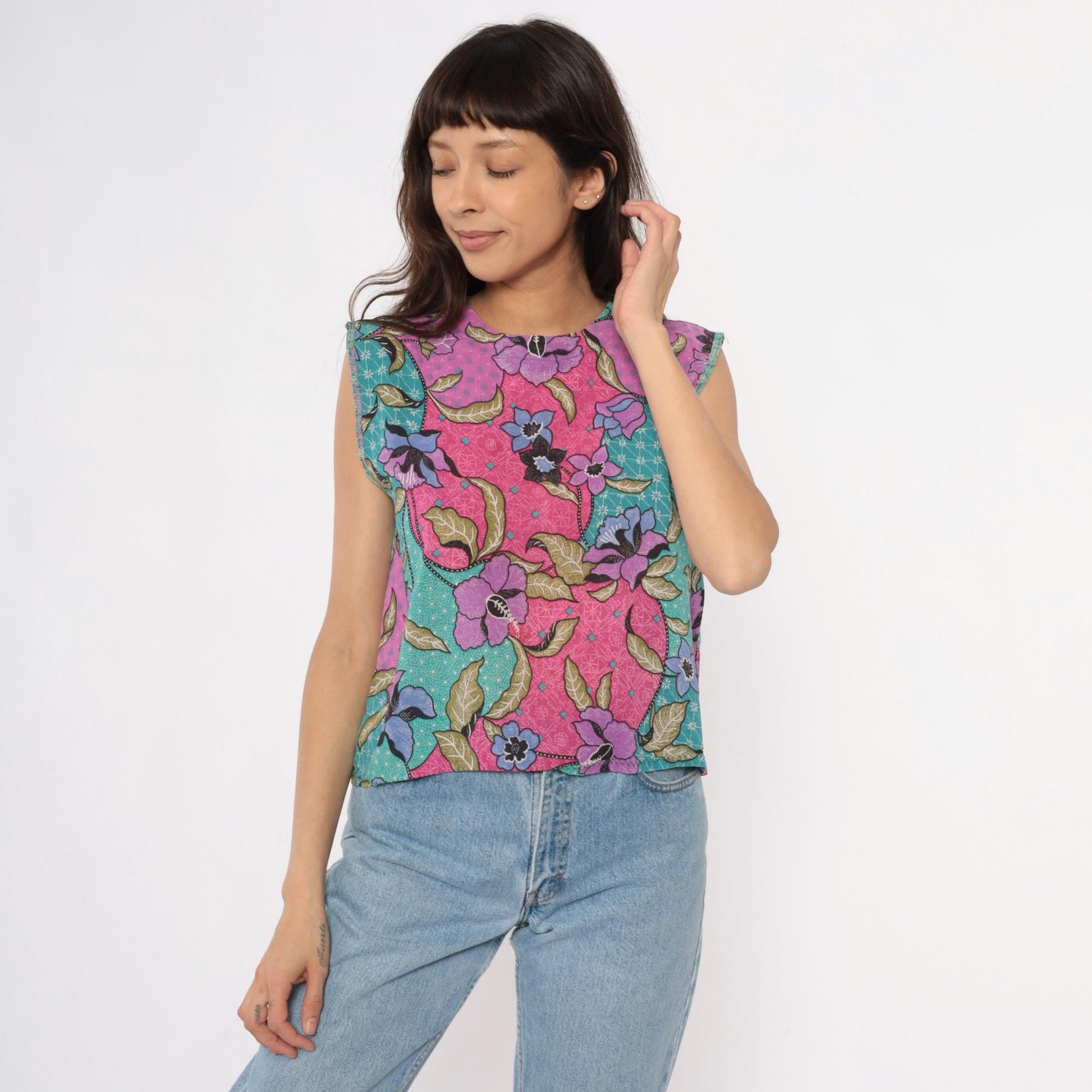90s Floral Patchwork Tank Top Pink Purple Teal Sleeveless Shell Small