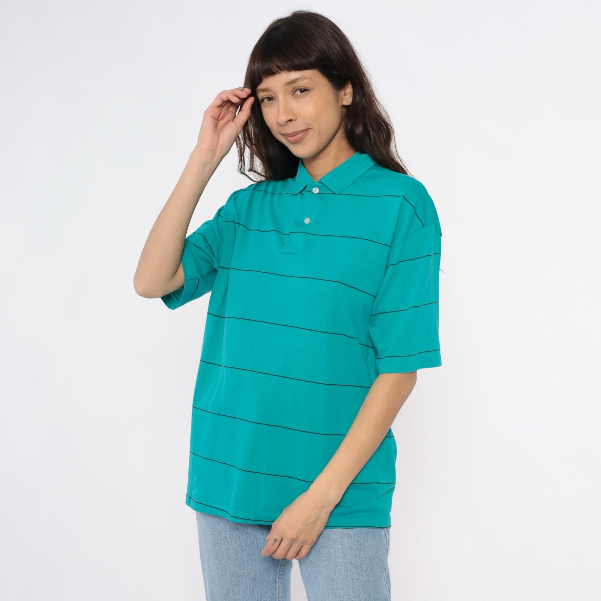 80s Chesterfield Teal Striped Polo Shirt Black Lines Cotton Large L