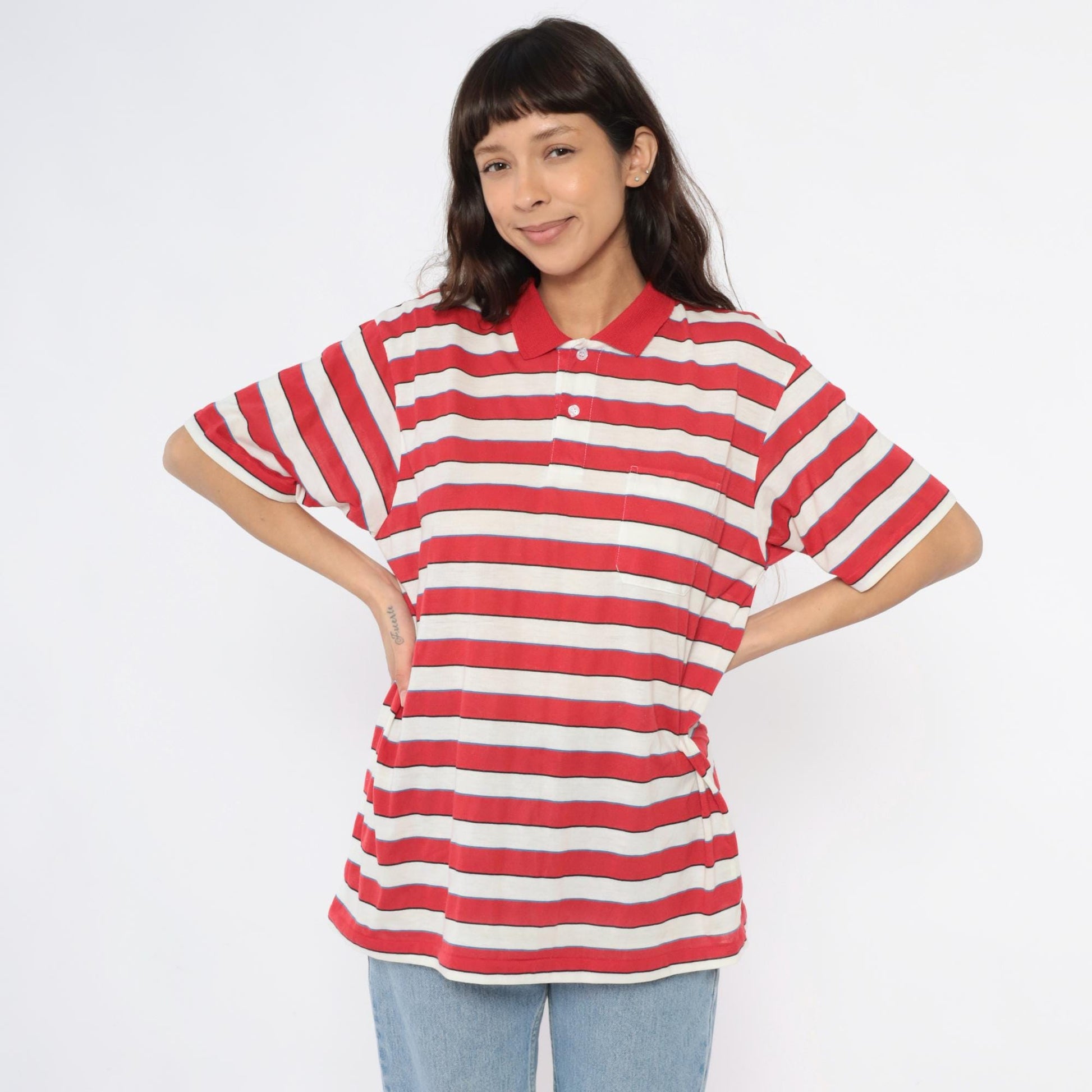 80s Striped Polo Shirt Red Cream Blue Horizontal Stripes Short Sleeve Extra Large XL