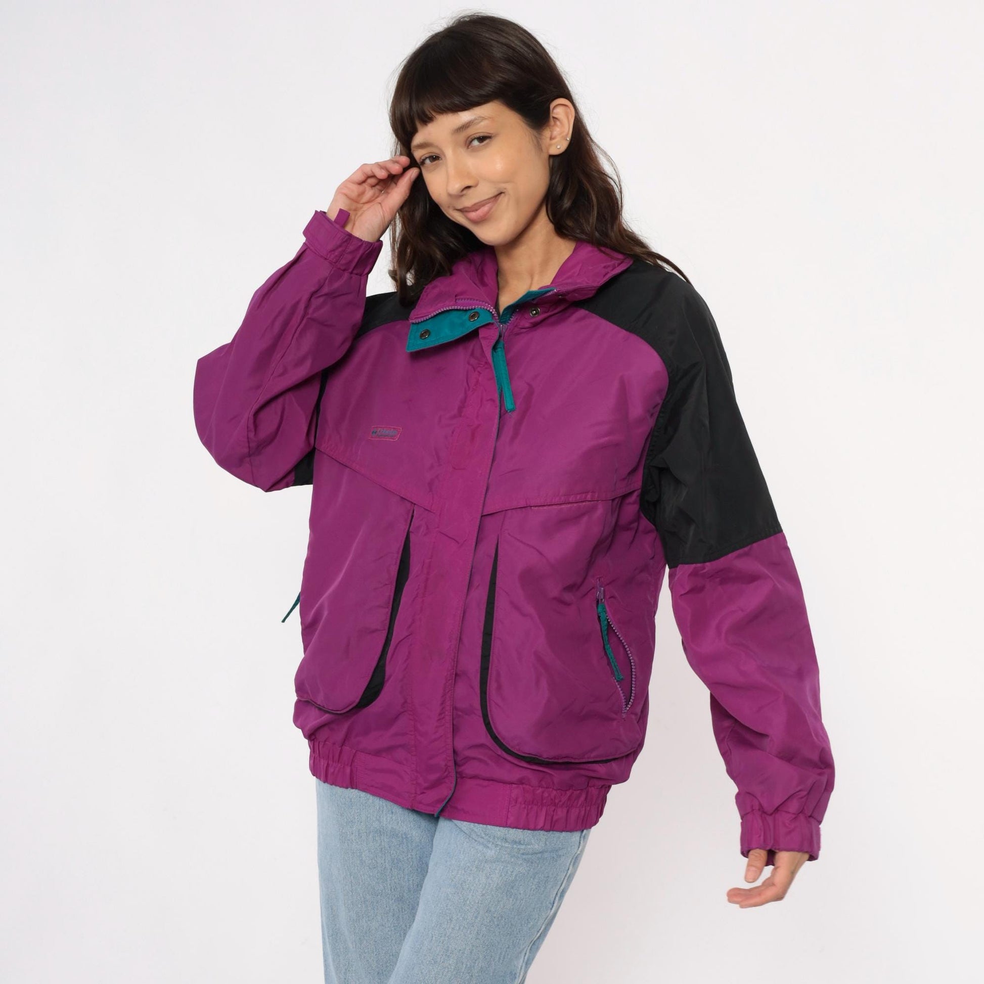 90s Columbia Magenta Windbreaker Colorblock Jacket Teal Trim Large L