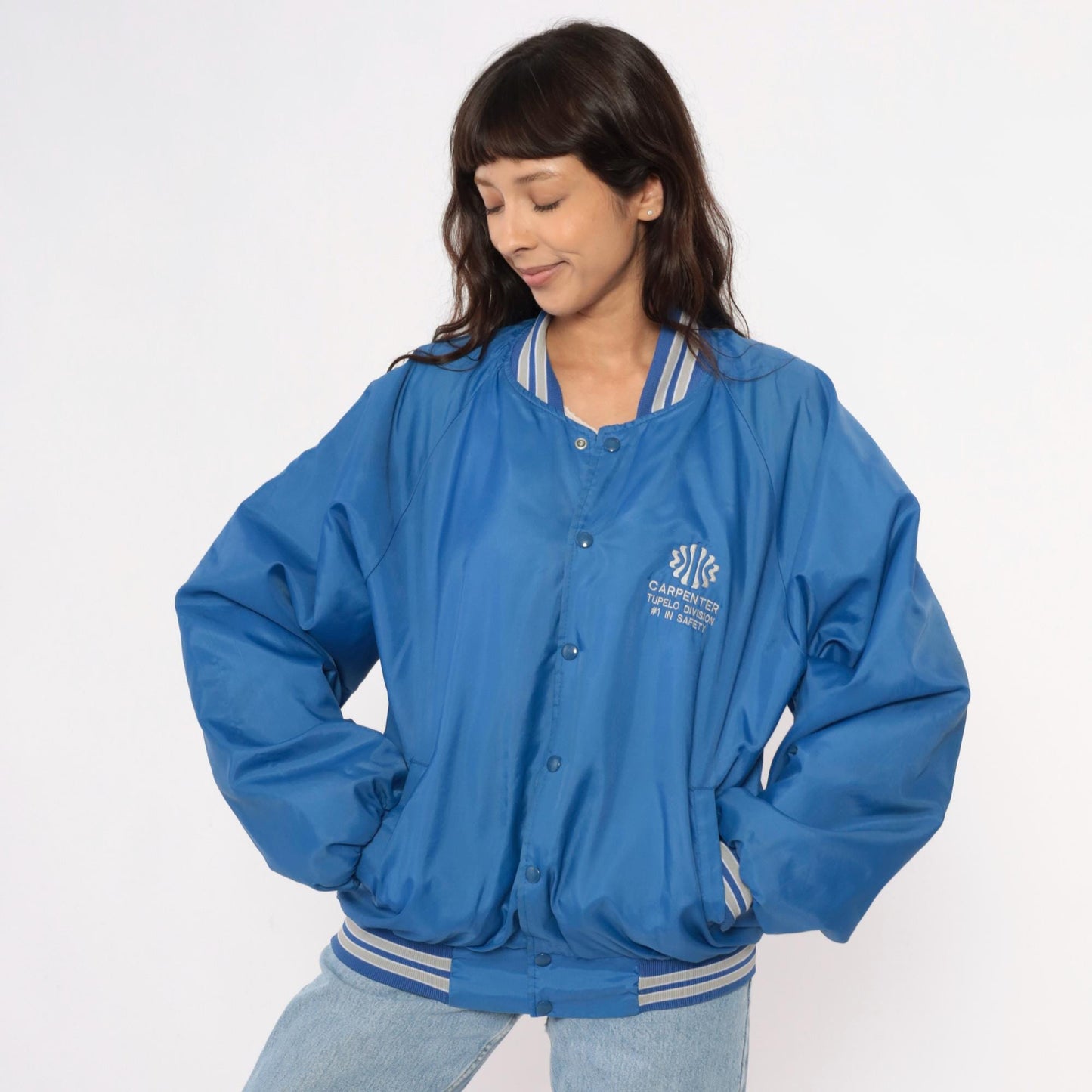 80s Blue Bomber Jacket Carpenter Tupelo Division Snap Button Raglan Medium