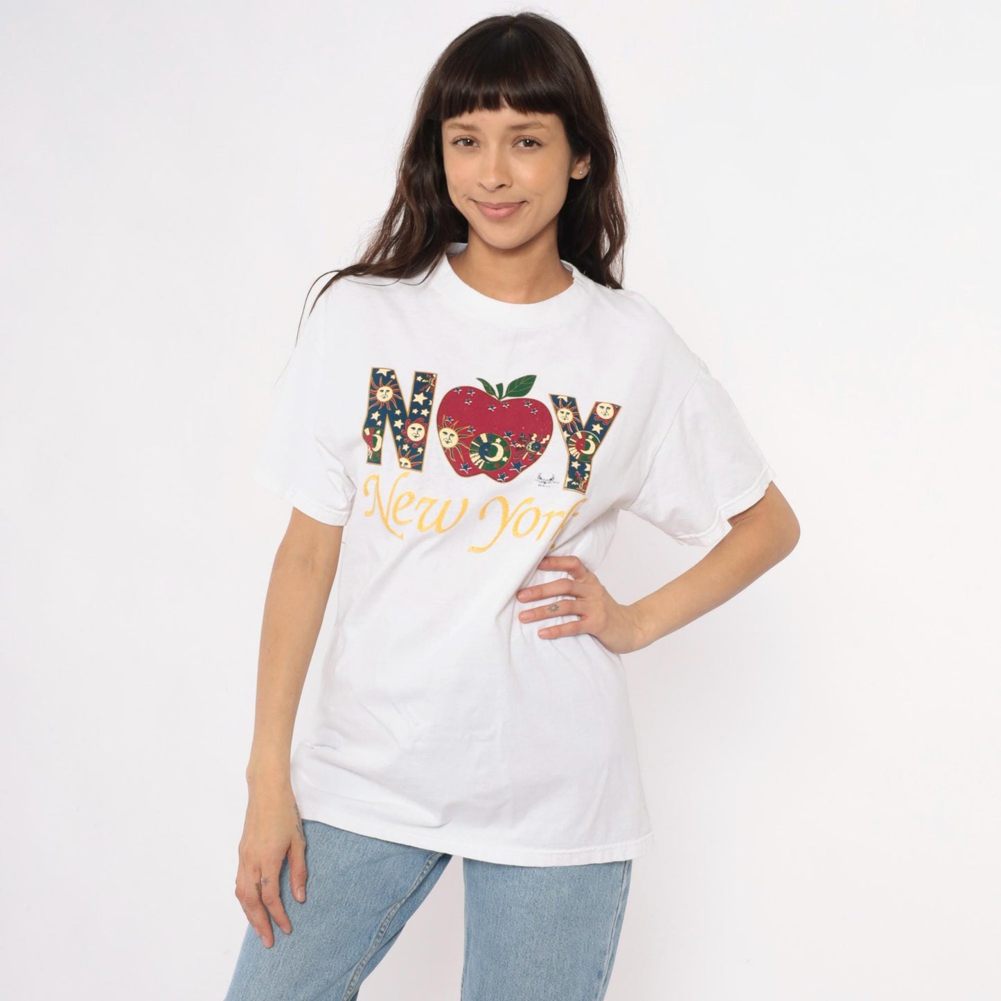 90s New York Celestial Graphic T-Shirt White Cotton Medium M