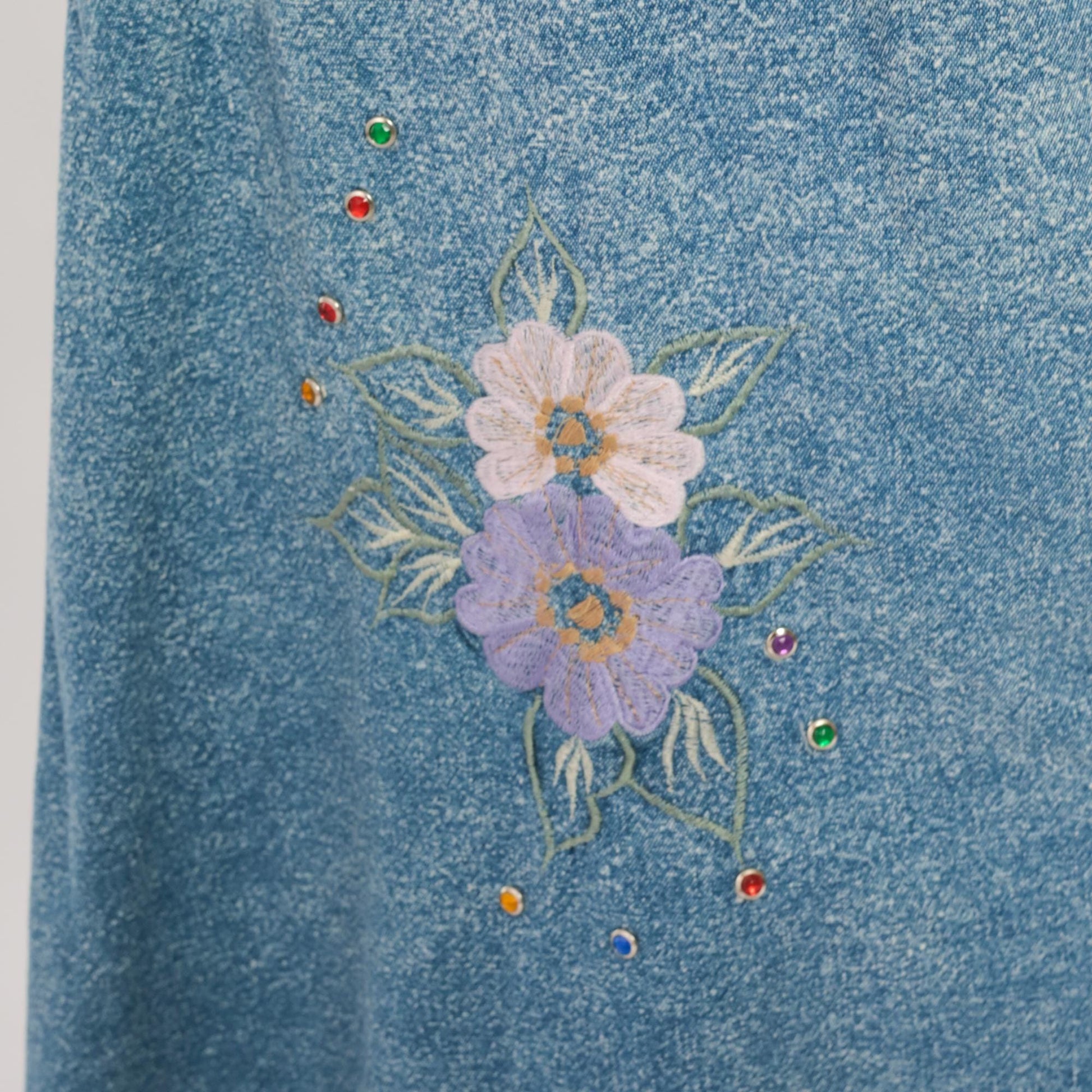 90s Carolina Bay Acid Wash Denim Midi Skirt Floral Embroidered Blue Extra Large XL