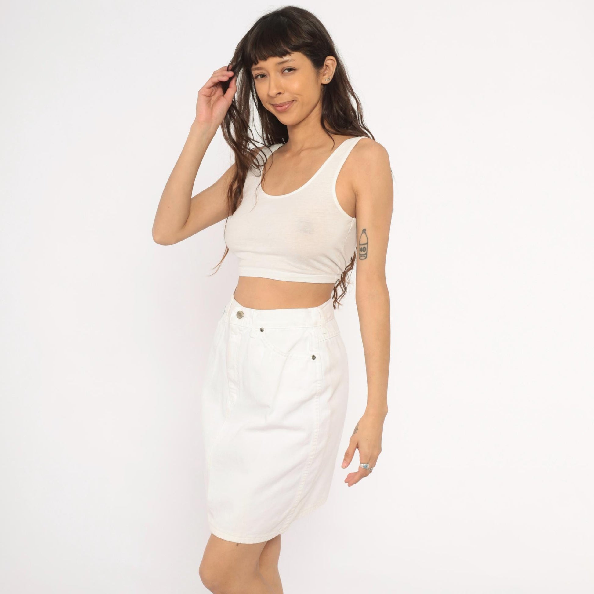 90s Chic White Denim Pencil Skirt High Waisted Mini Cotton Medium M