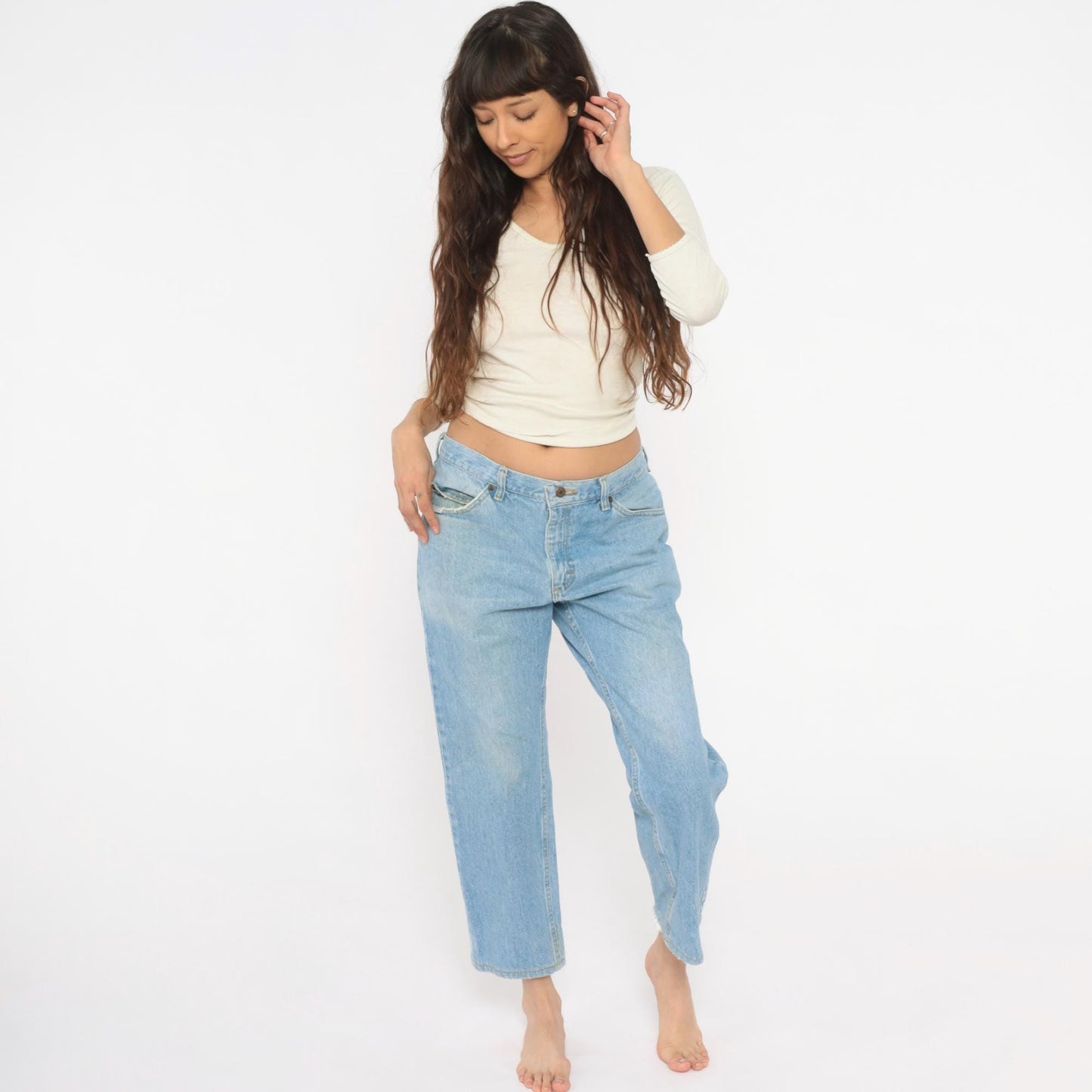 Y2K Light Wash Straight Leg Cropped Jeans Raw Hem Blue Cotton Large L