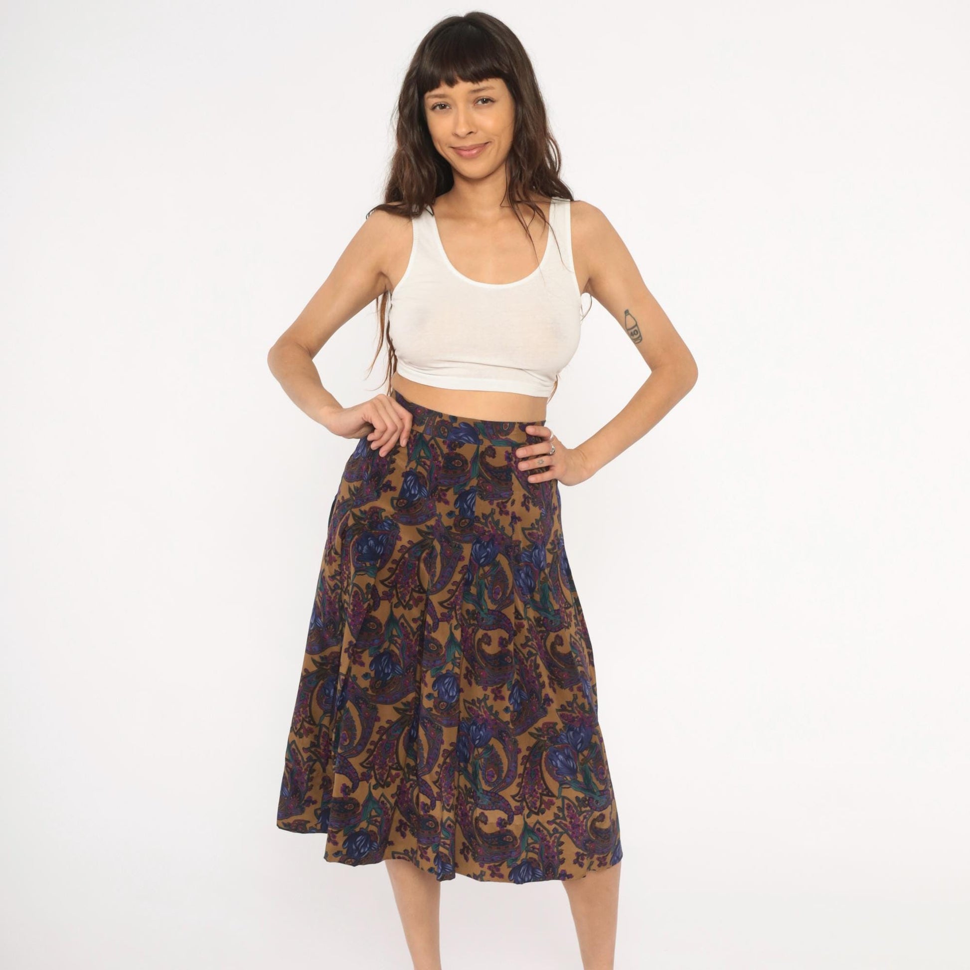 80s Saks Fifth Avenue Paisley Silk Skirt Knee-Length Pleated High Waist Small S