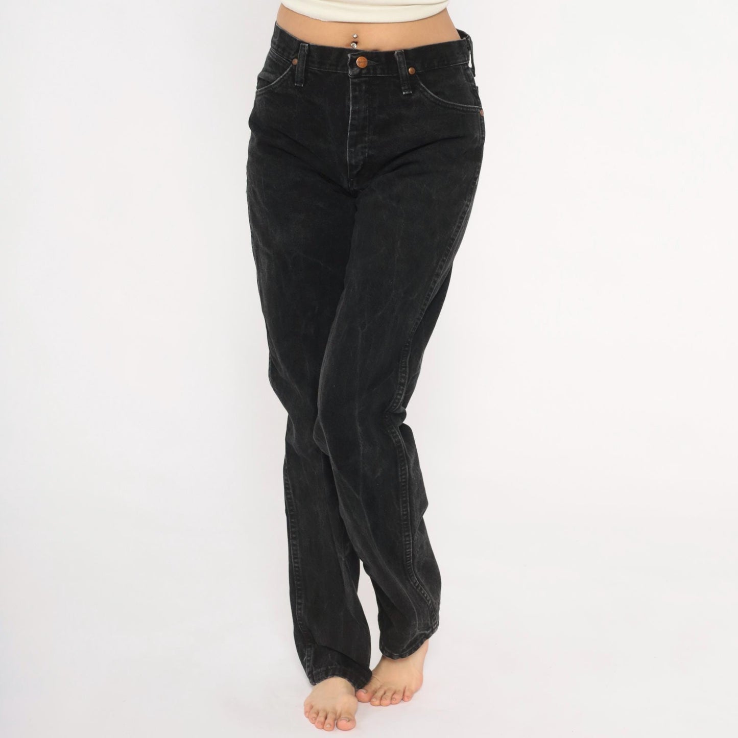 90s Wrangler High Rise Straight Leg Jeans Faded Black Denim Medium M