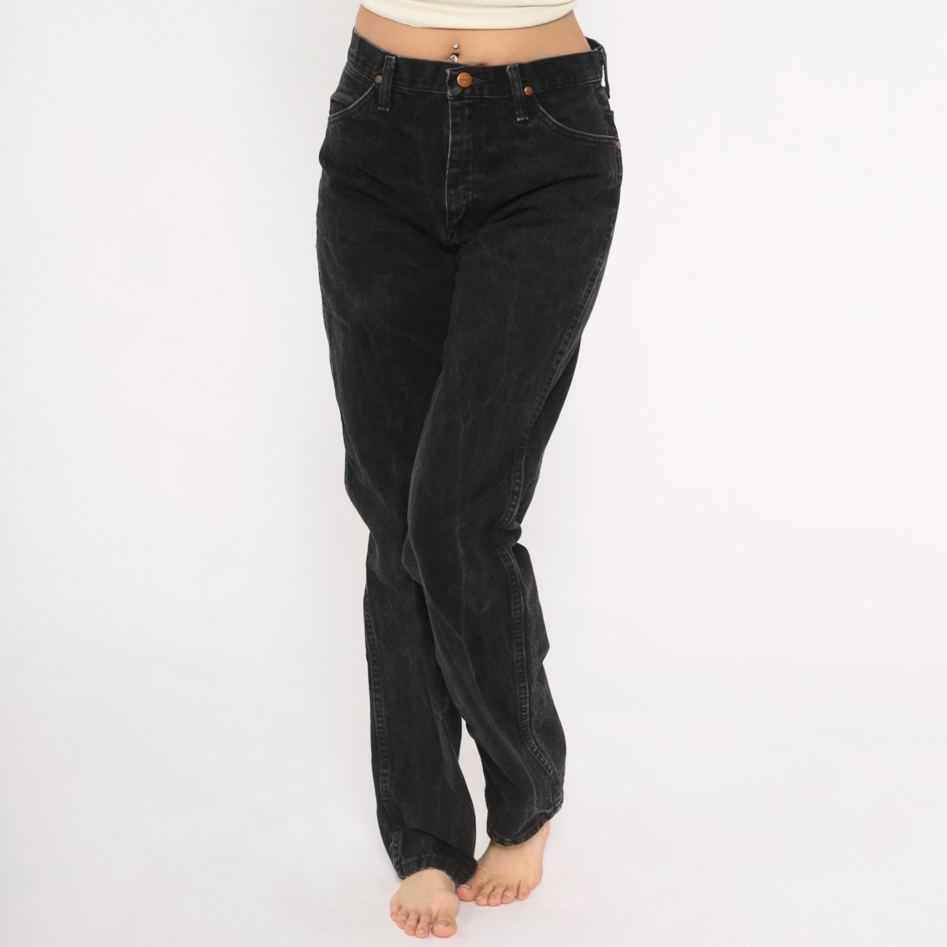 90s Wrangler High Rise Straight Leg Jeans Faded Black Denim Medium M