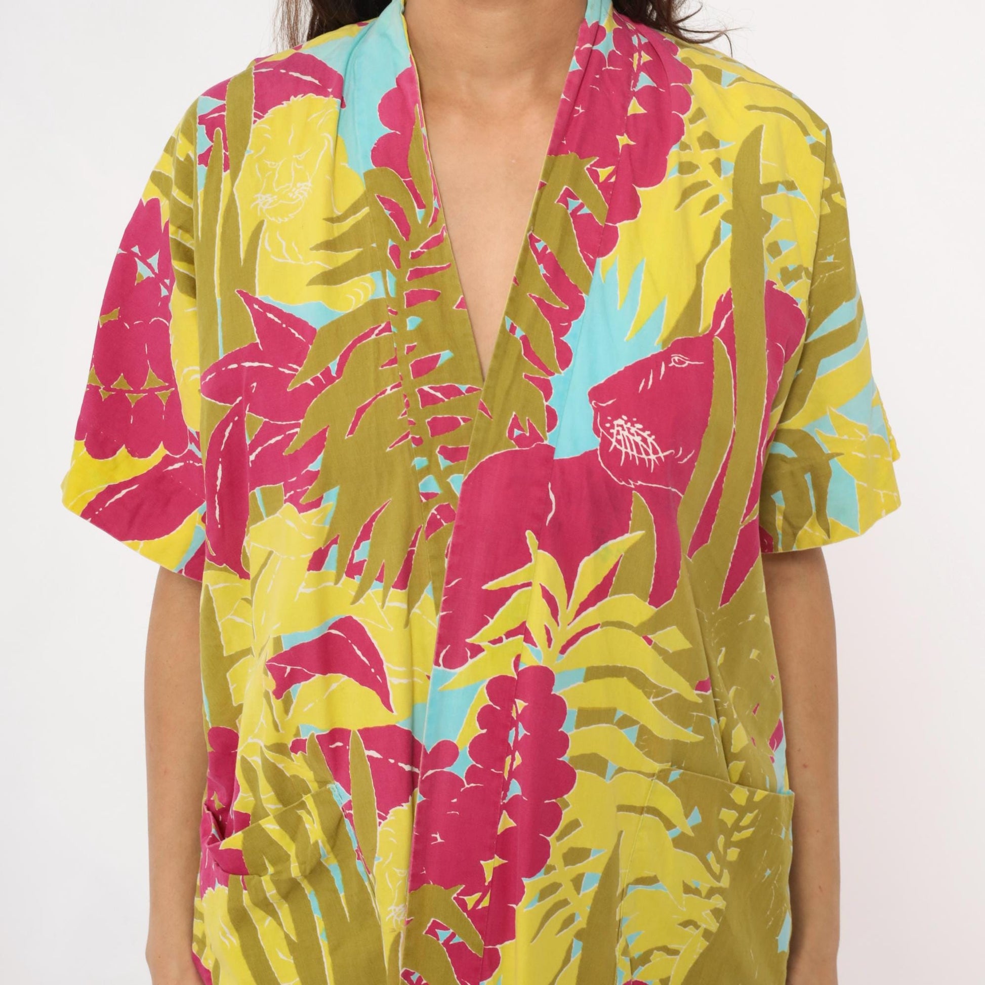 80s Lion Jungle Tropical Kimono Robe Knee Length Cotton Small Medium