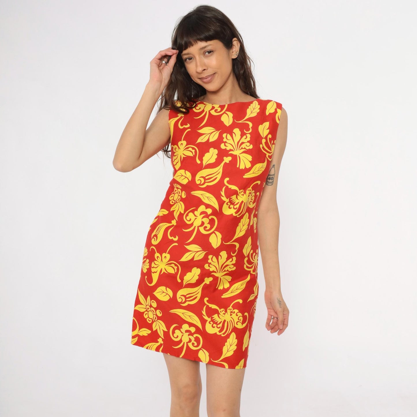 90s Red Floral Shift Dress Yellow Botanical Print Mini Small S