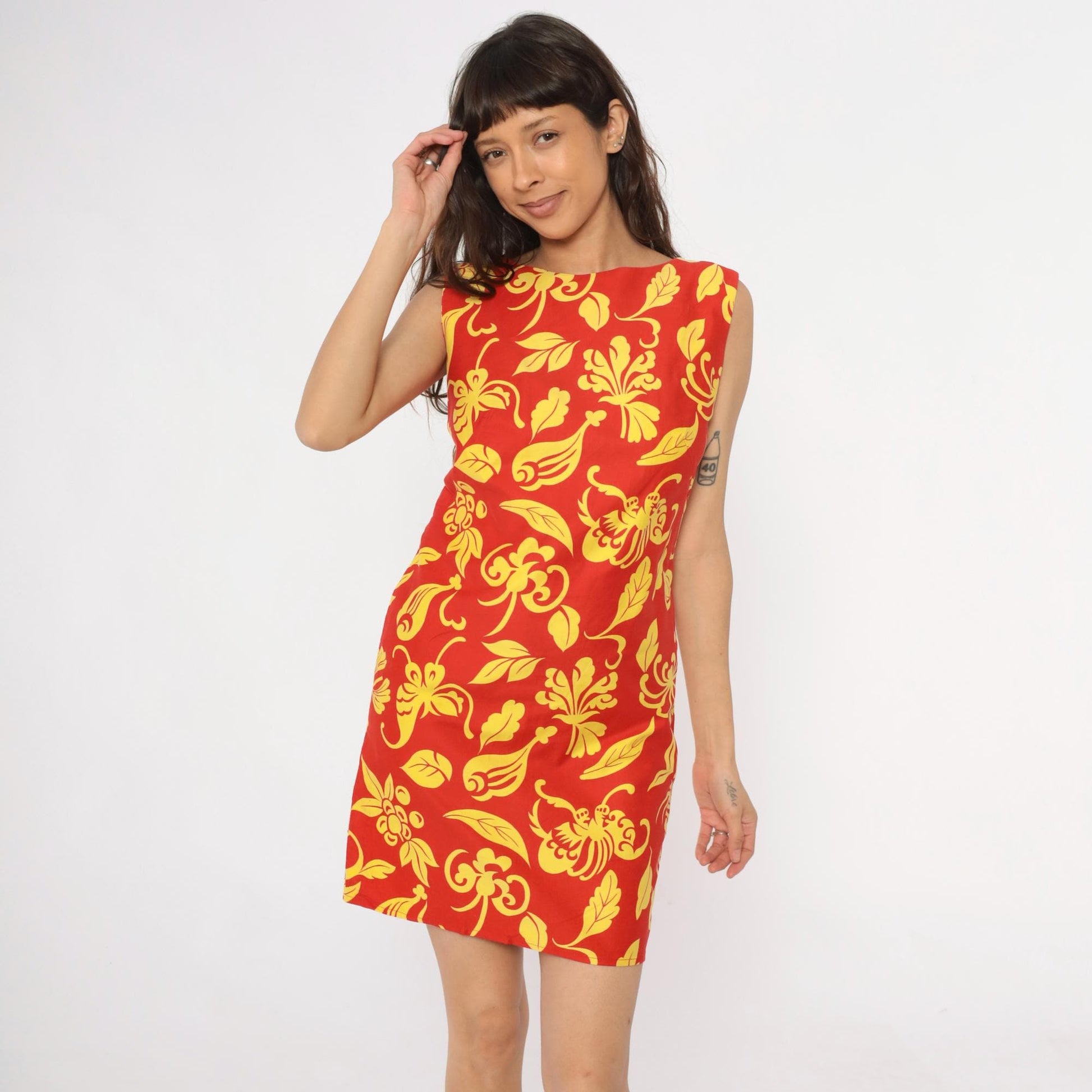90s Red Floral Shift Dress Yellow Botanical Print Mini Small S