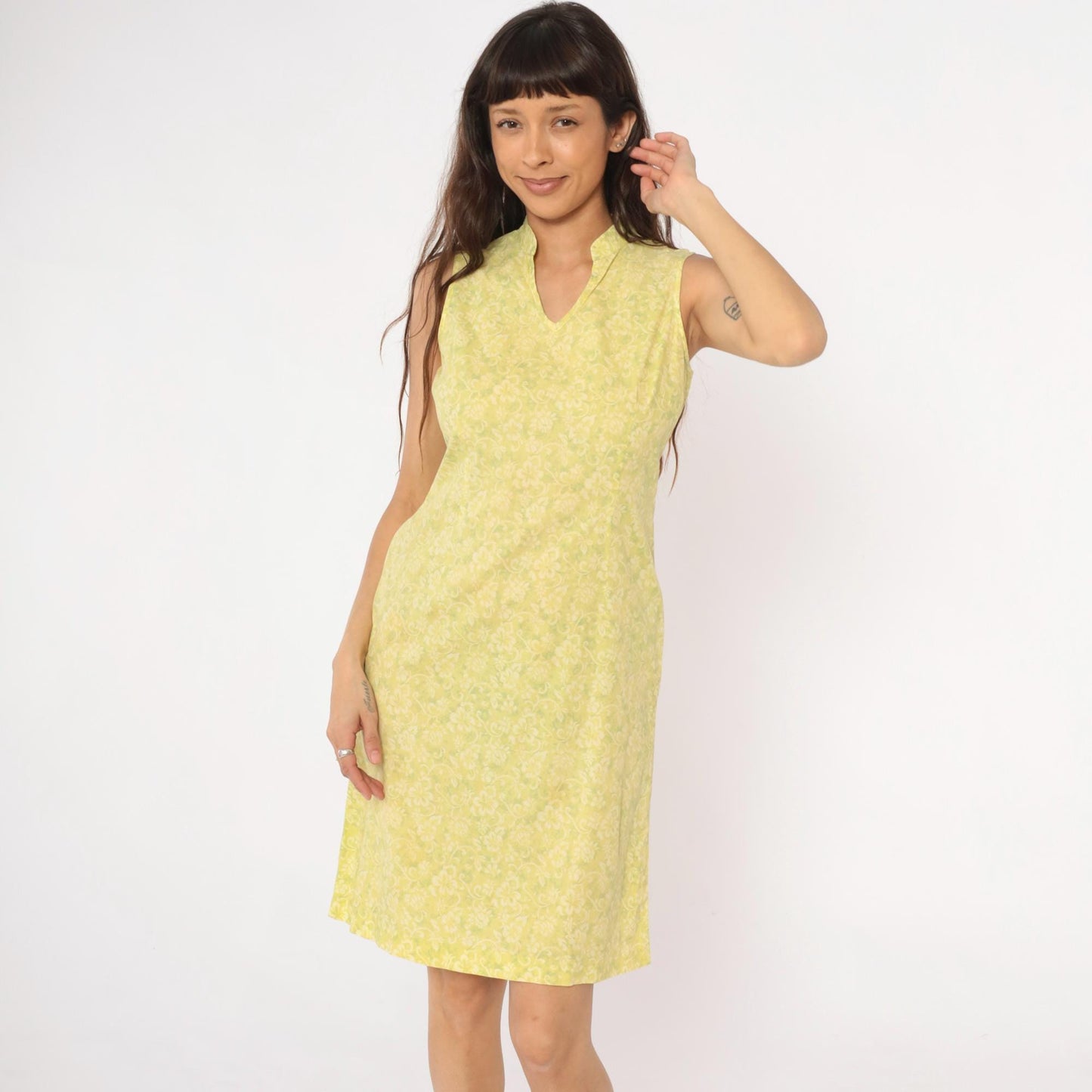 Y2K Yellow Floral Damask Knee-Length Shift Dress Collared Small