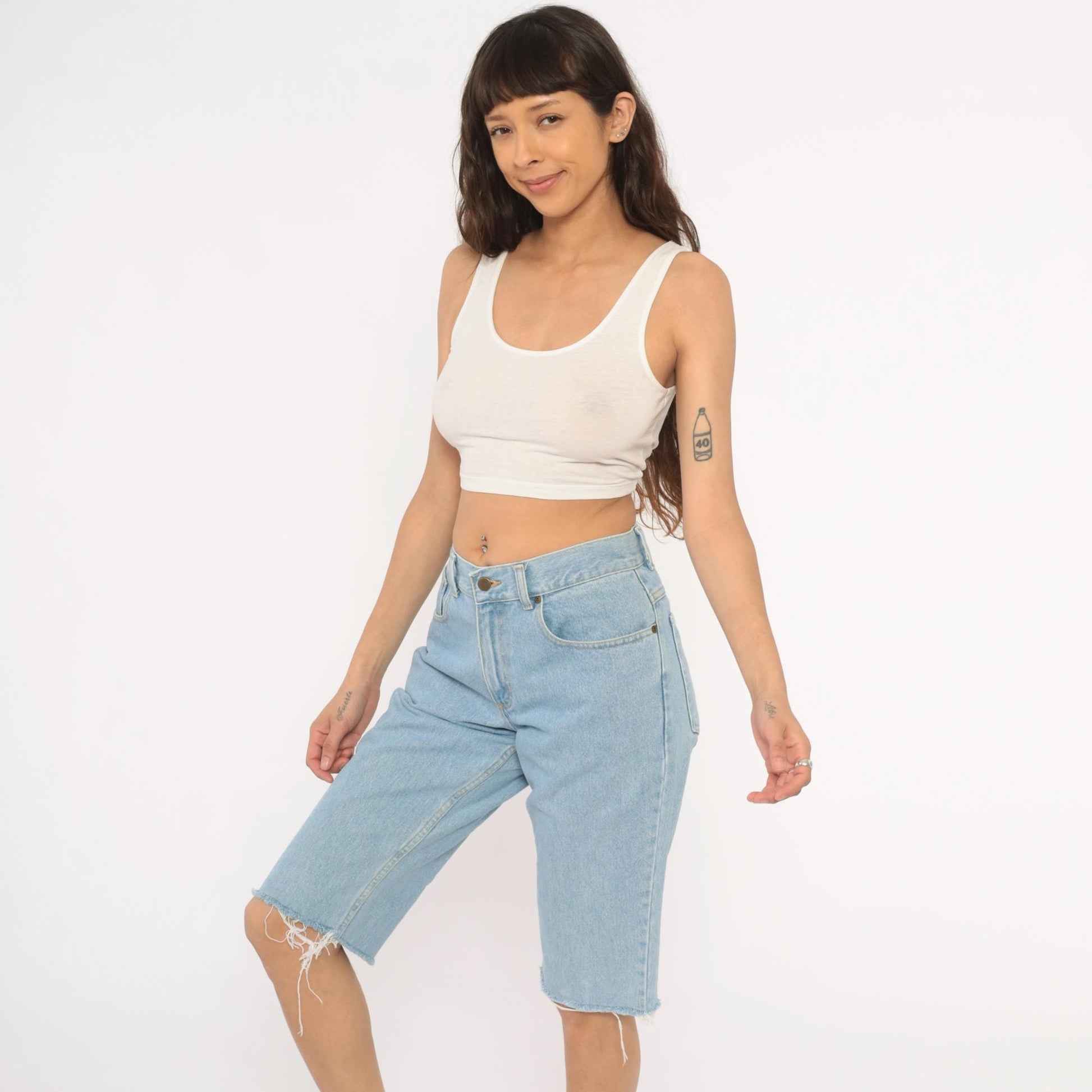 LL Bean Light Wash Denim Cutoff Shorts High Waist Bermuda Blue Medium M