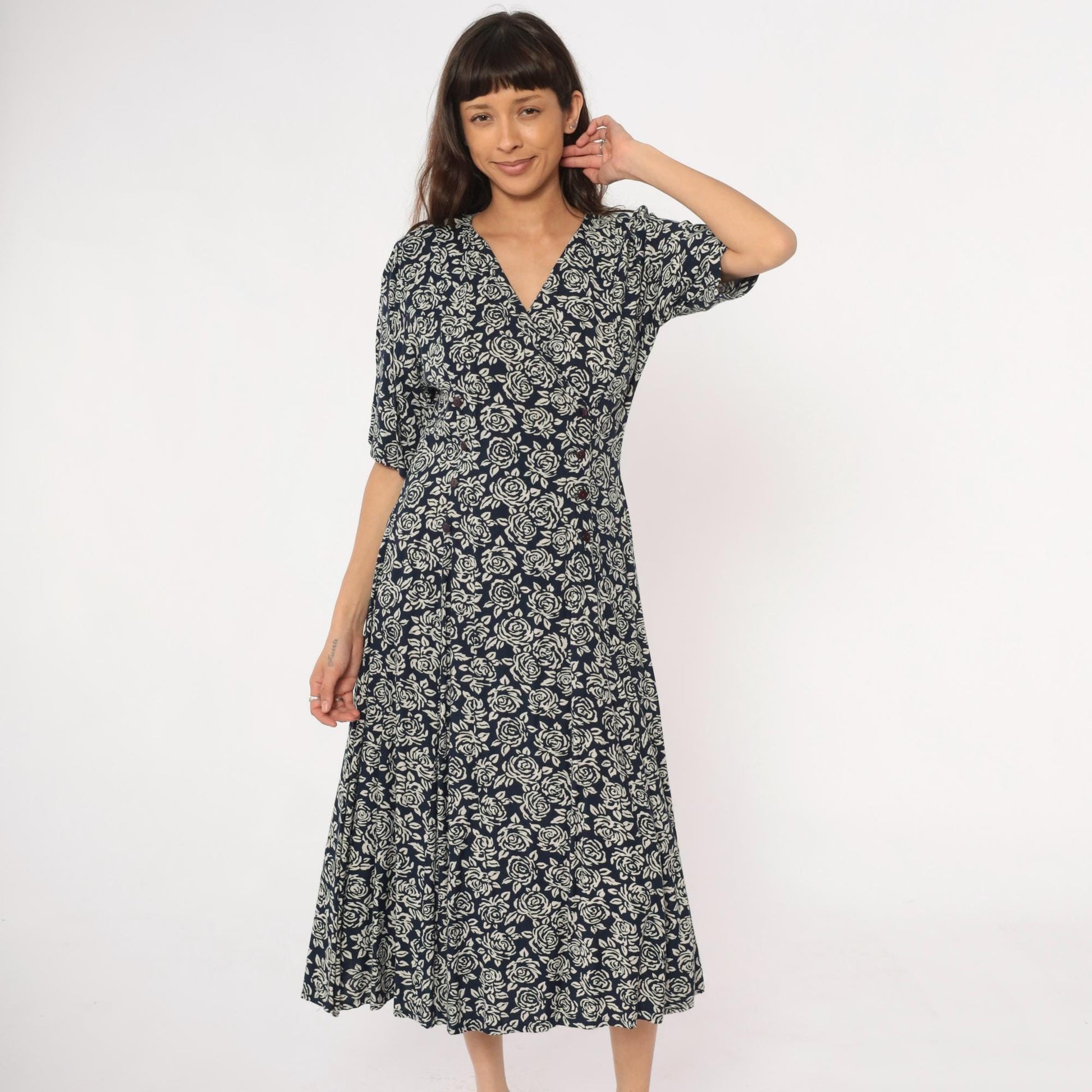 90s Floral Midi Dress Navy Cream Rose Print Wrap V-Neck Rayon Medium M