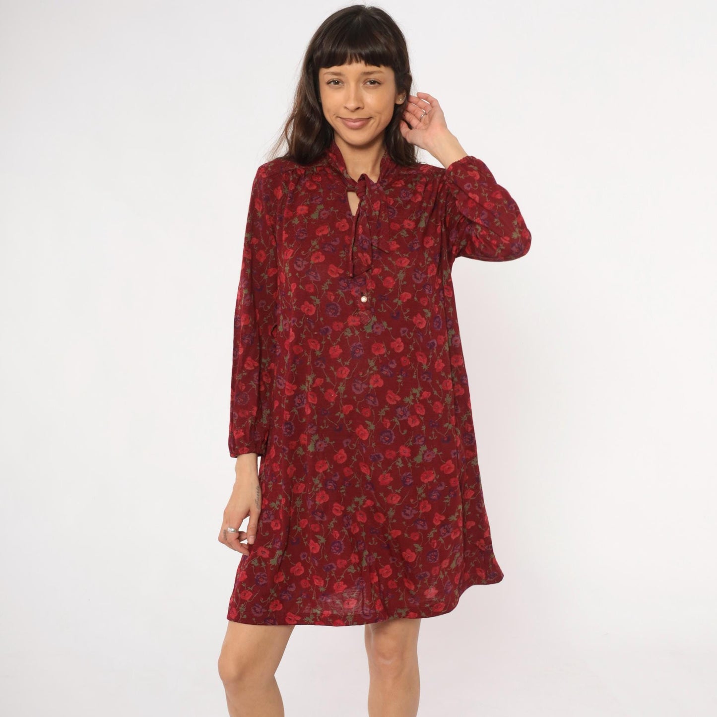 80s Burgundy Floral Midi Dress Long Sleeve Tie Neck Button Front Medium