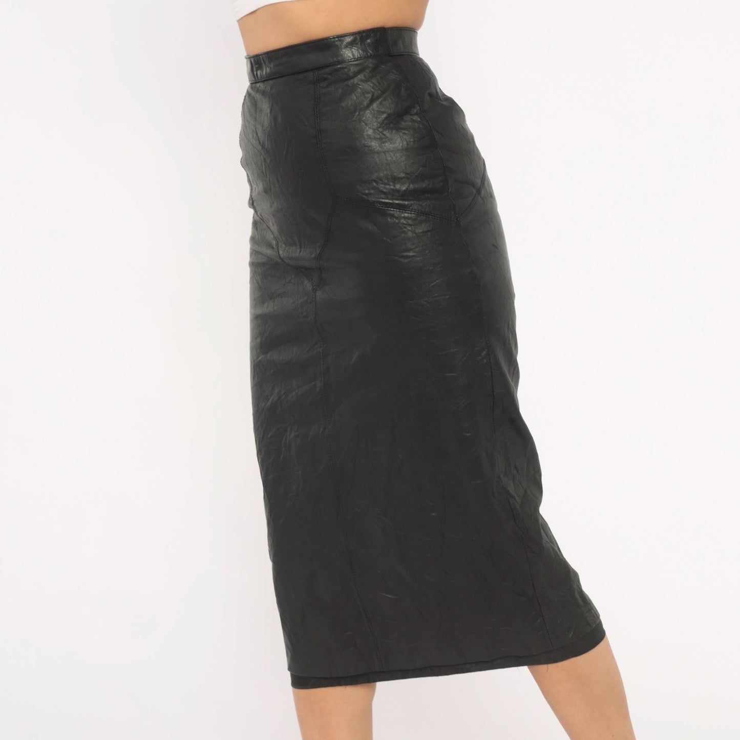 90s G 3 Leather Fashions Black Leather Pencil Skirt High Waist Midi XS