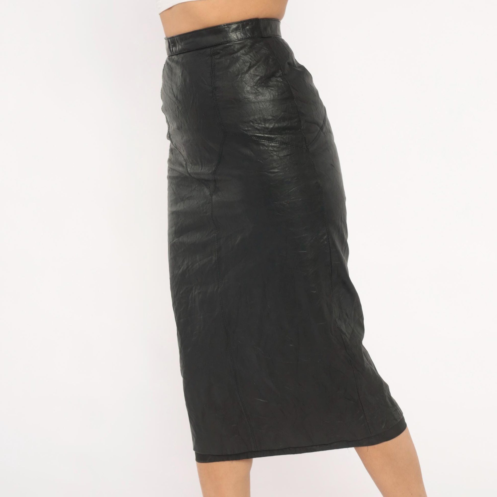 90s G 3 Leather Fashions Black Leather Pencil Skirt High Waist Midi XS