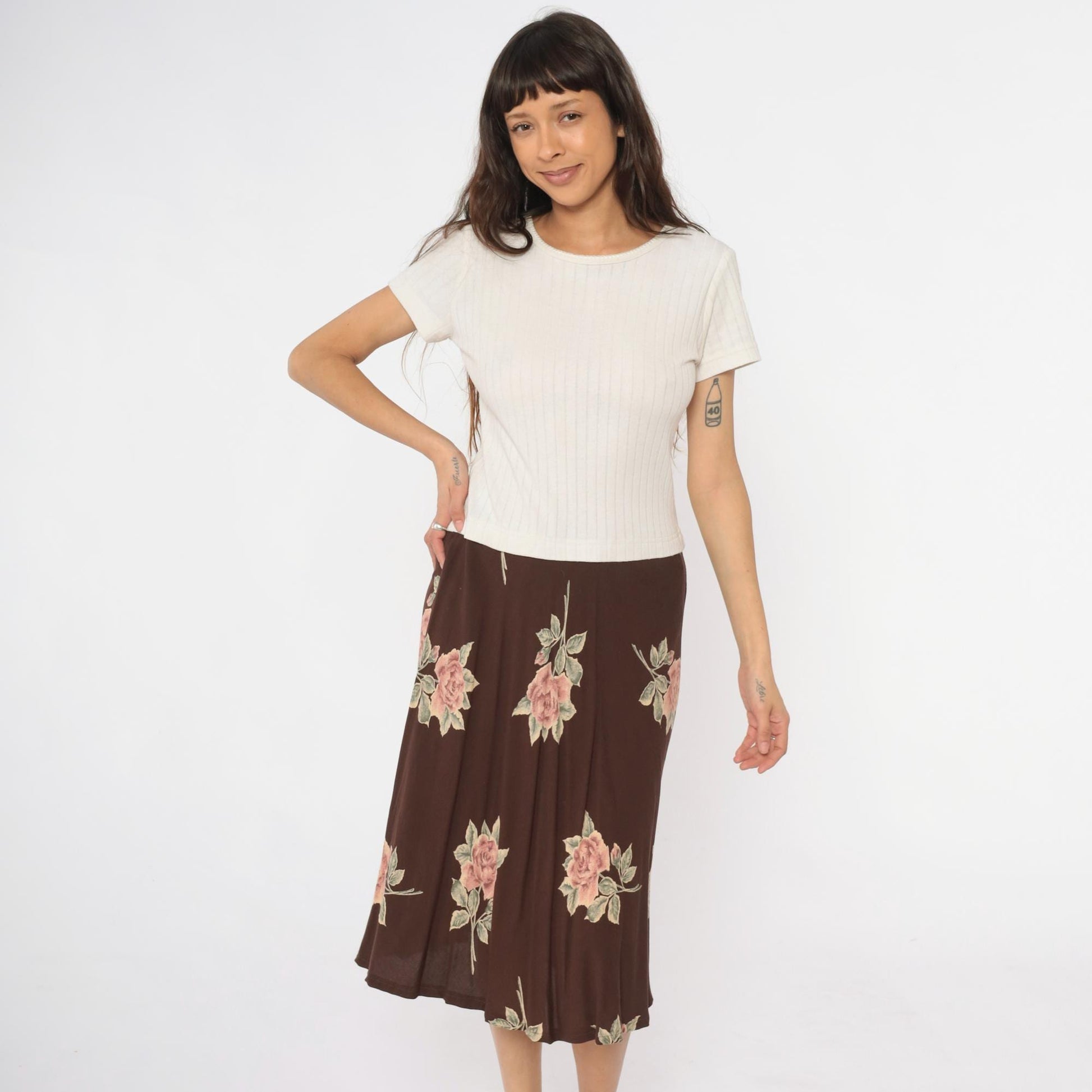 90s Cristina Colorblock Midi Dress Cream Ribbed Knit Brown Floral Medium